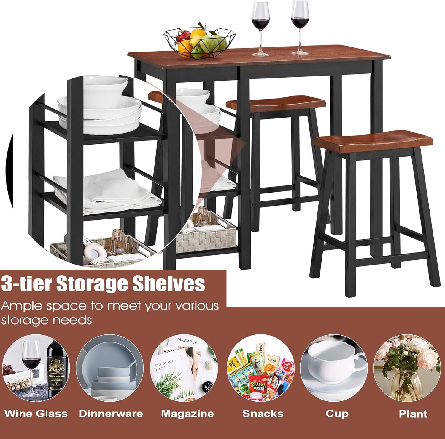 Giantex Juego de comedor de 3 piezas, juego de mesa completamente de madera con 2 sillas y estantes de almacenamiento de 3 niveles, juego de mesa de