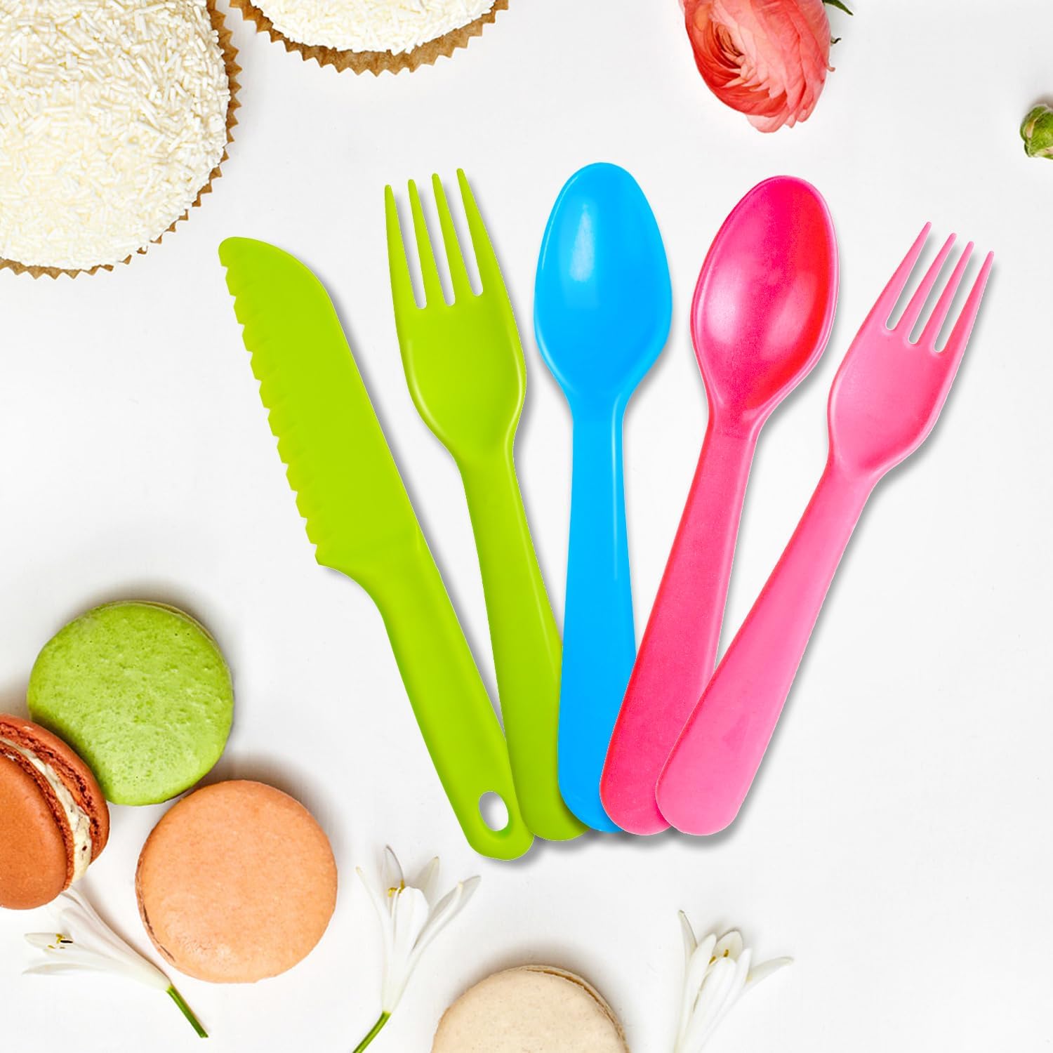 16 utensilios de plástico para niños, utensilios de alimentación reutilizables para niños pequeños con 8 tenedores y 8 cucharas para niños,