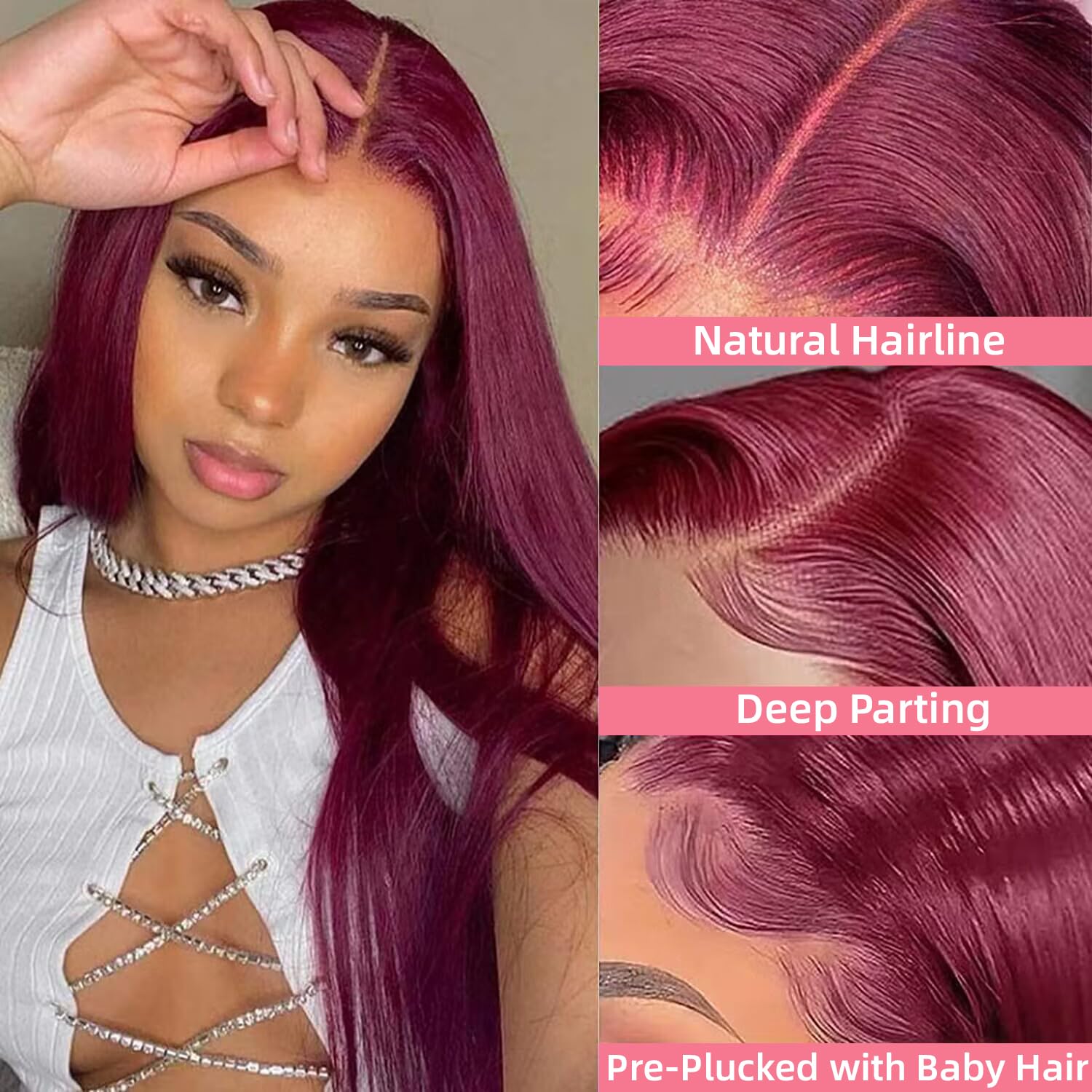 Pelucas de cabello humano con encaje frontal color burdeos 99J 13×4 HD lacio, pelucas de cabello humano prearrancado color rojo vino, peluca sin