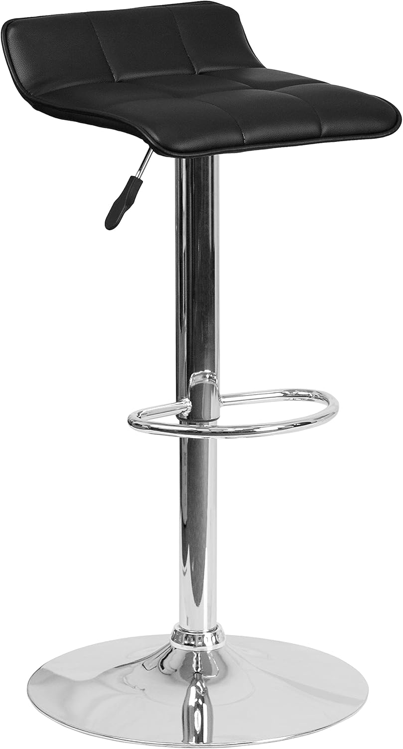 Flash Furniture Taburete de bar de altura ajustable de vinilo negro contemporáneo con asiento ondulado acolchado y base cromada