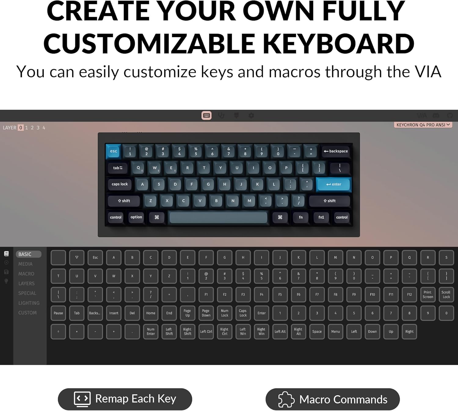 Keychron Q4 Pro Teclado mecánico inalámbrico personalizado, QMKVIA programable de aluminio completo 60% diseño BluetoothRGB con cable con