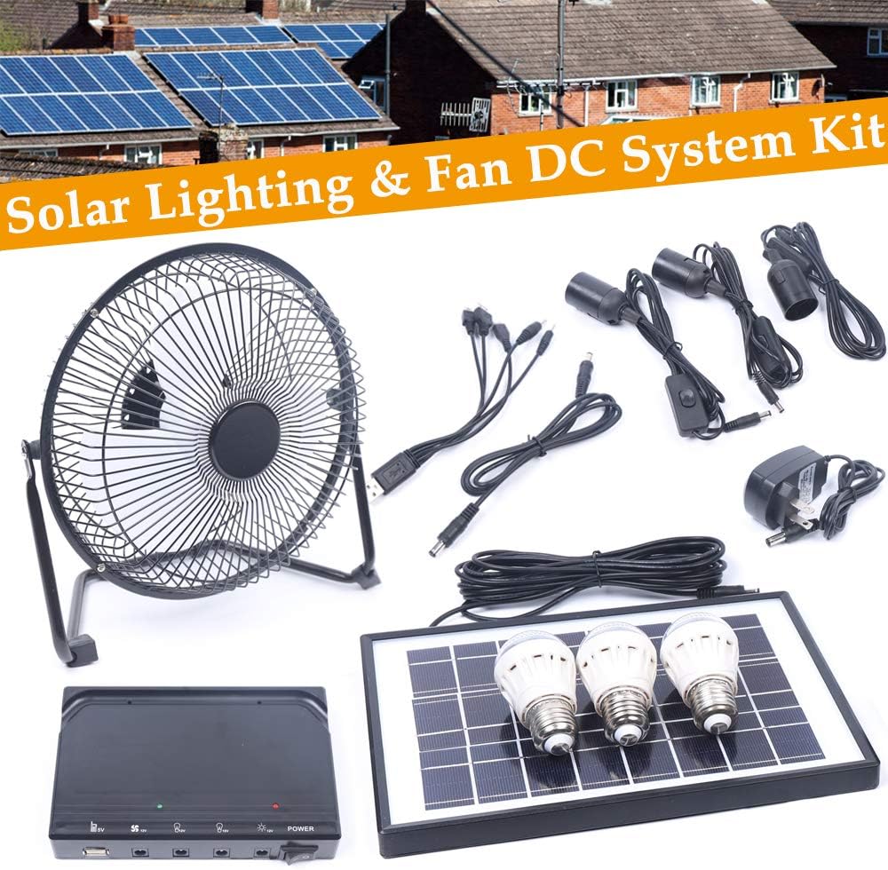 Ventilador de campamento de energía solar, iluminación de campamento, panel de energía solar, luz LED de carga USB + ventilador de sistema de CC