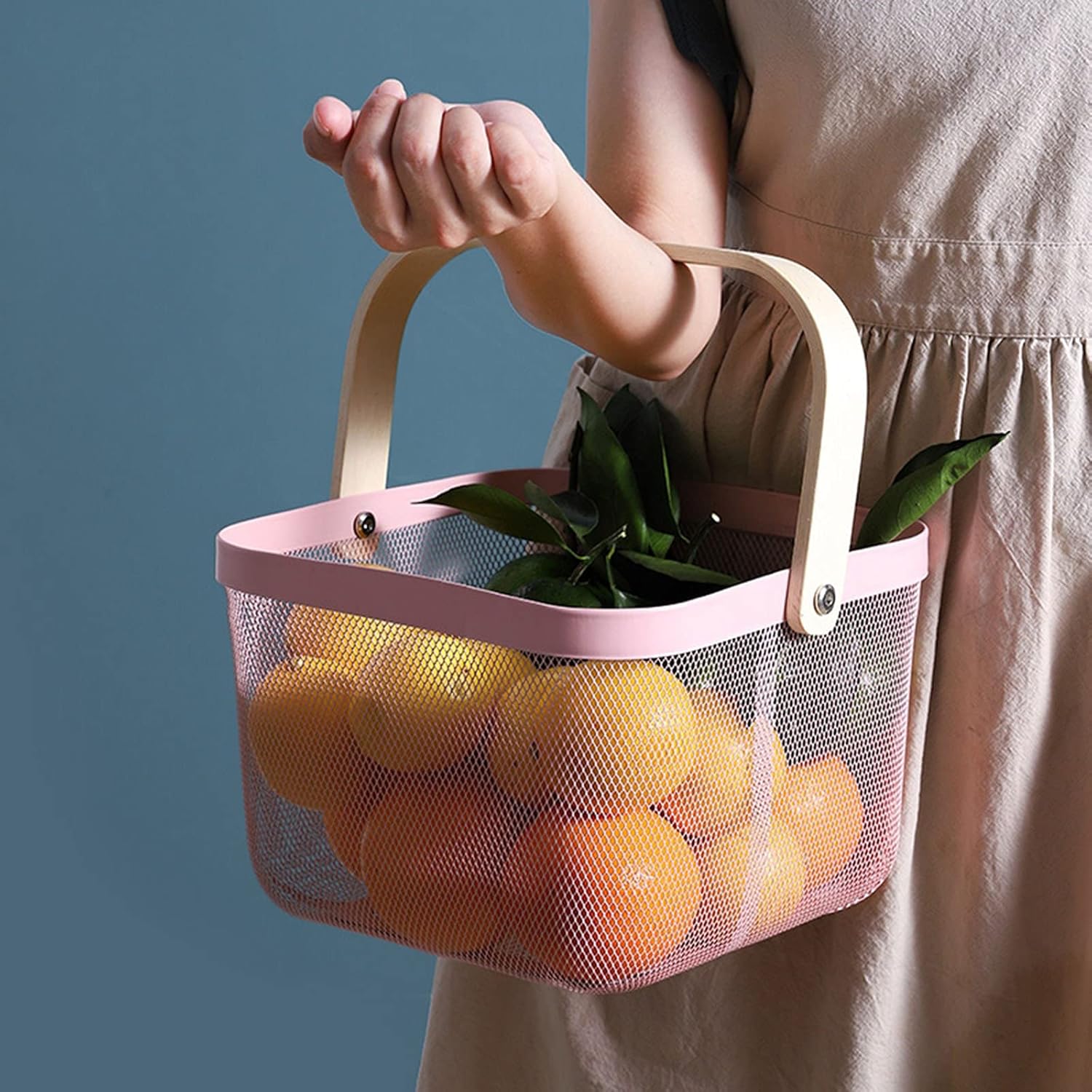 Cesta organizadora de almacenamiento de malla de acero, multifuncional, de alambre de metal, cesta de frutas con mango de bambú, ideal para cocina,