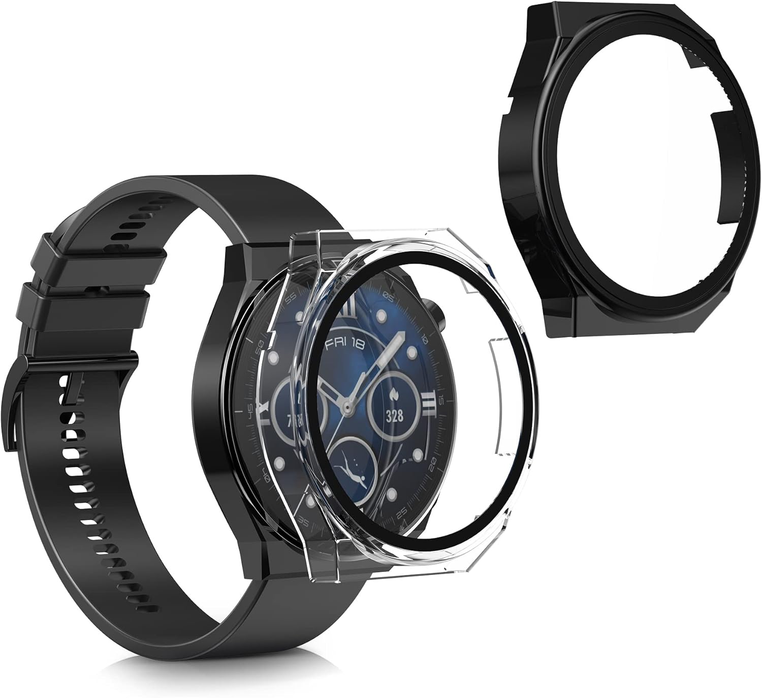 kwmobile Funda compatible con Huawei Watch GT3 Pro (1.811 in) Fundas – 2 x vidrio templado con marco de plástico – NegroTransparente