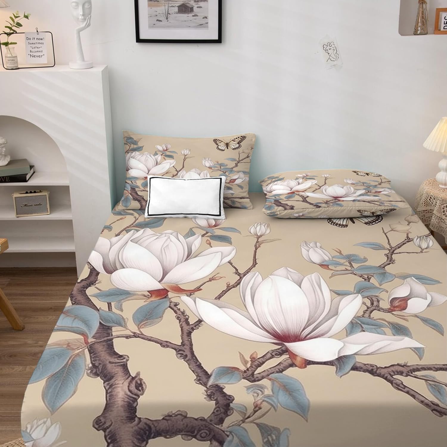 J3-&-85 – Juego de sábanas de flores, sábanas y fundas de almohada estampadas de 4 piezas, sábana bajera ajustable de microfibra suave con bolsillo