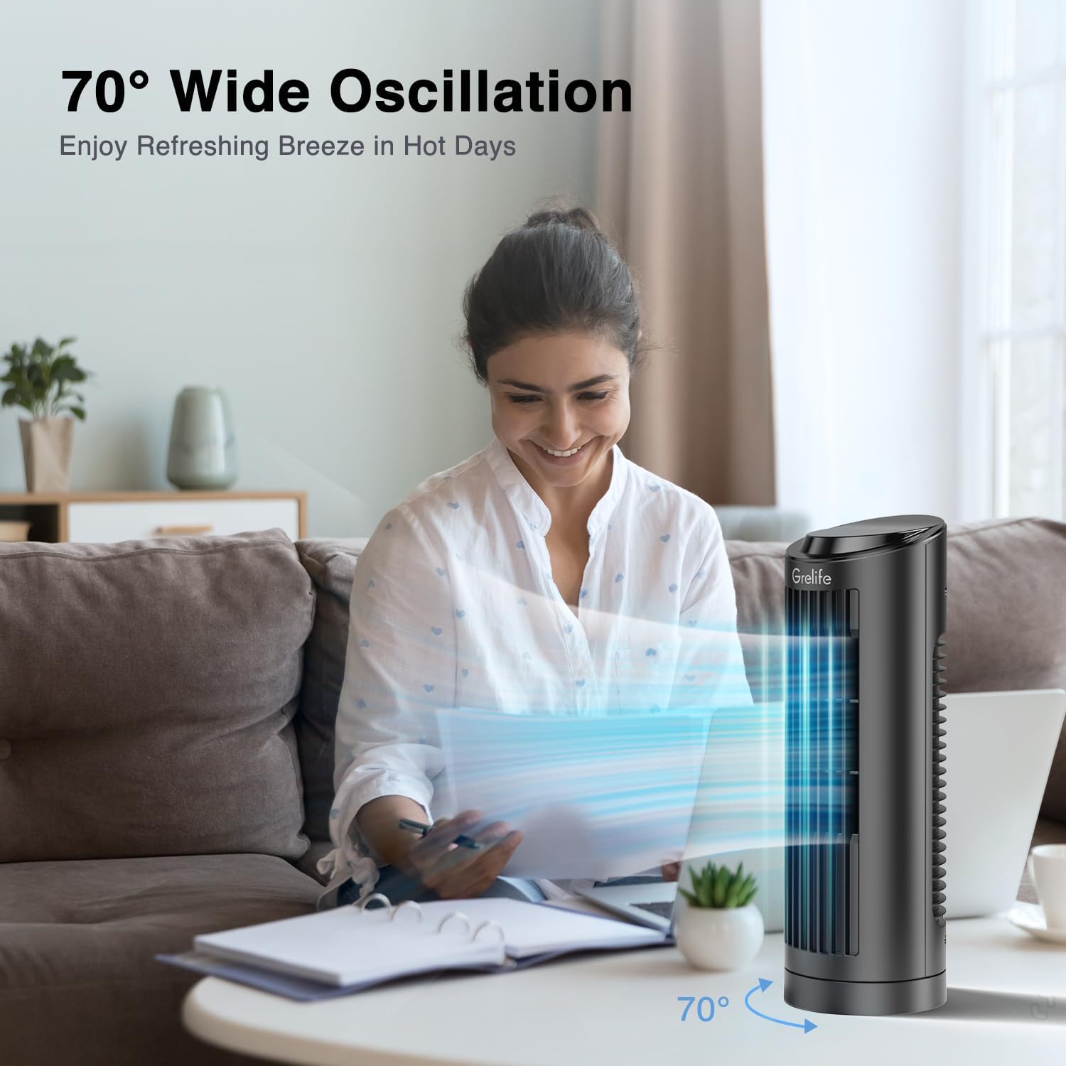 Grelife Ventilador de torre de 13 pulgadas, ventilador de escritorio sin aspas con oscilación de 70, 3 velocidades, 4 modos de viento, pantalla