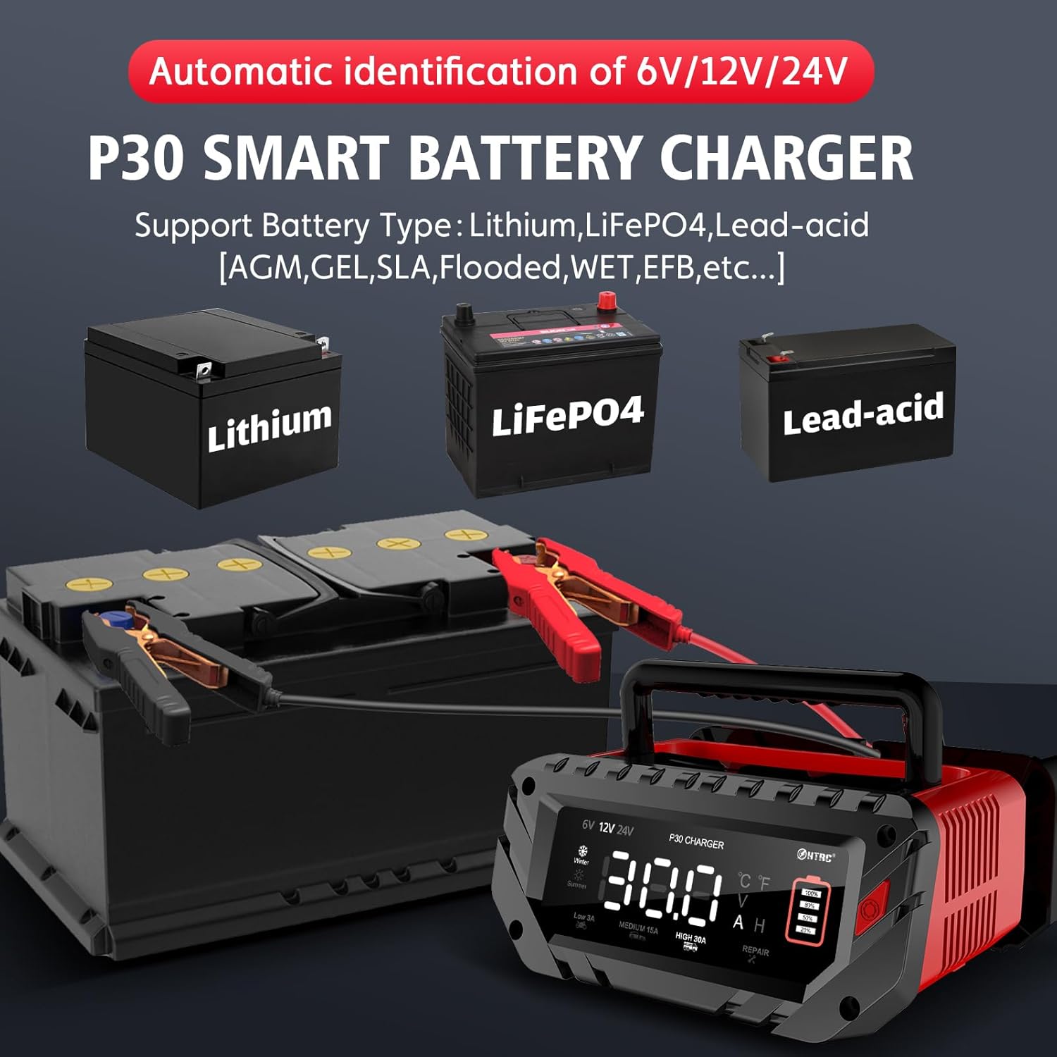 Cargador de batería de 30 amperios, cargador inteligente de goteo 6V12V24V, cargador de batería de coche, litio, Lifepo4, plomo ácido (AGMGelSLA…)