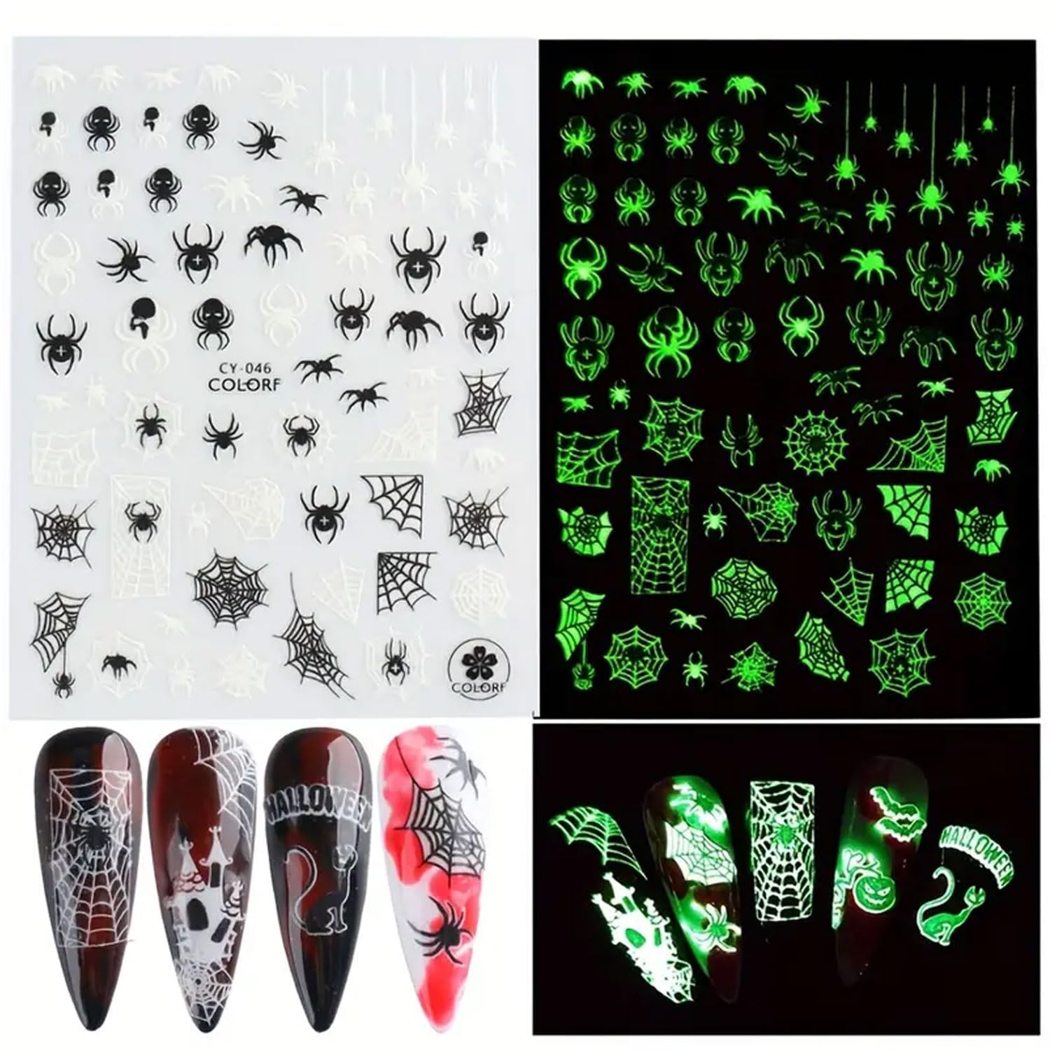Calcomanías luminosas para arte de uñas de Halloween, 8 piezas que brillan en la oscuridad, calavera, fantasma, araña, calabaza, extraterrestre,