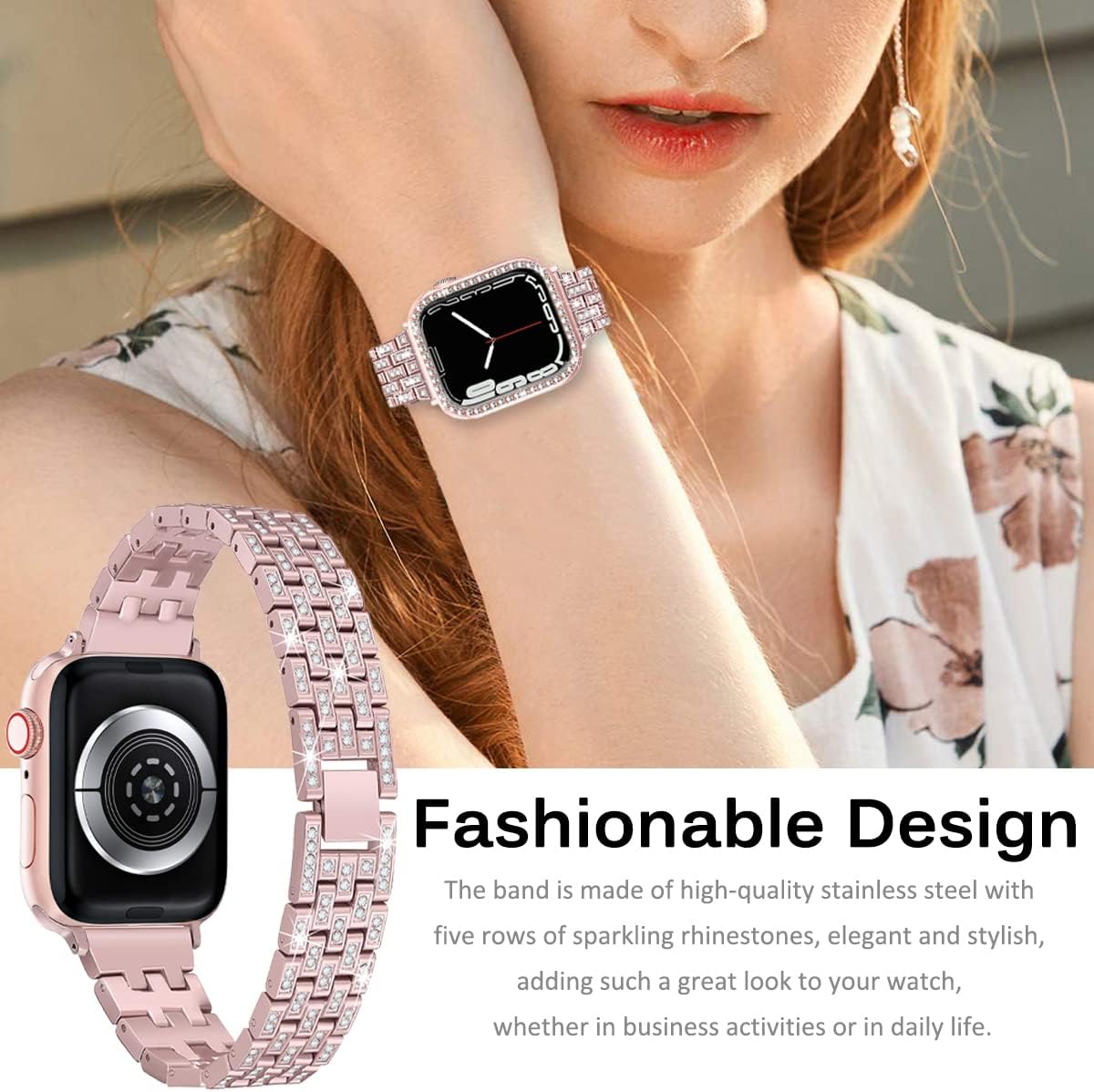 Miimall Compatible con Apple Watch Series 987 de 1.61 y 1.77 pulgadas, correa brillante con funda para mujeres y niñas, correa de repuesto de metal