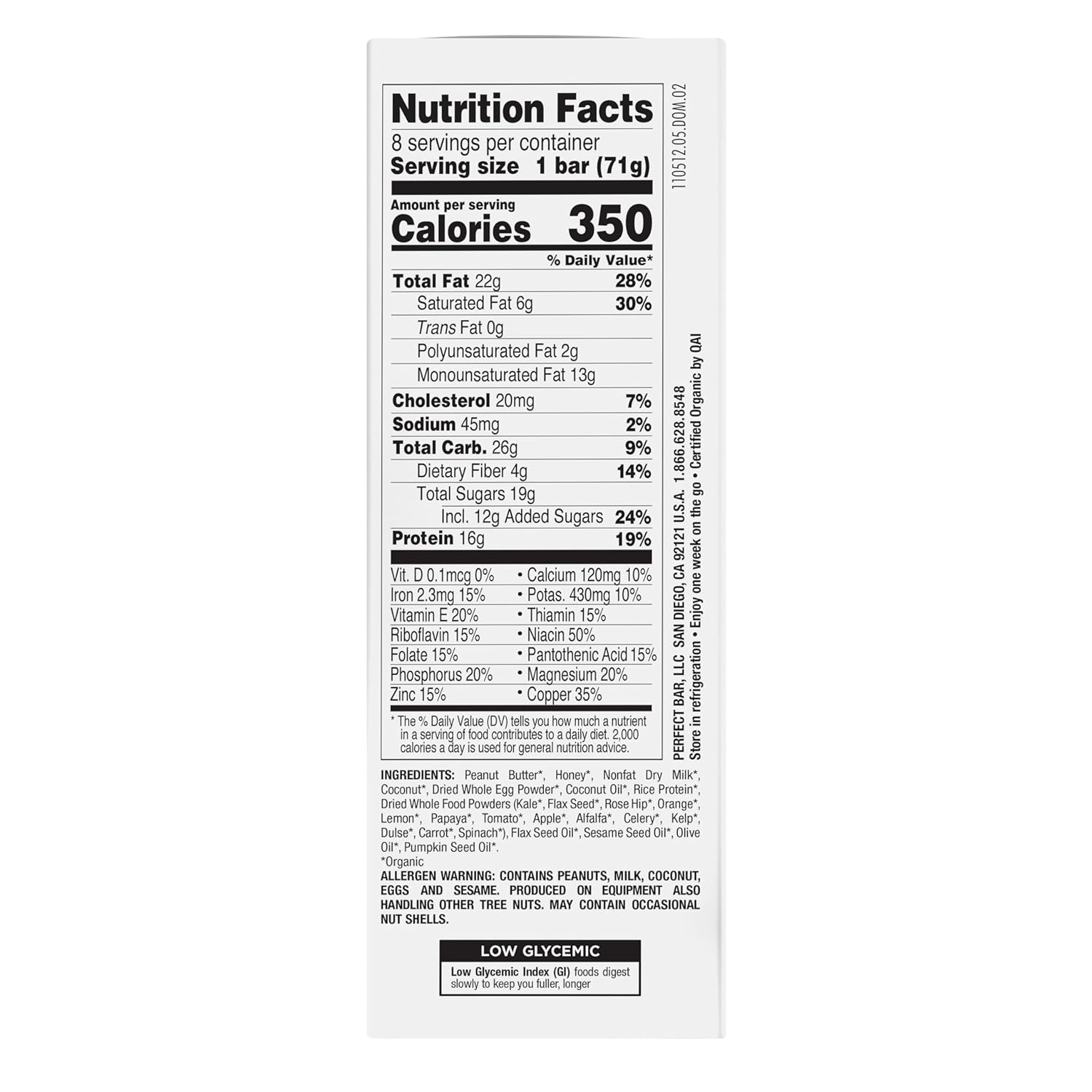 Perfect Bar – Barra de proteína refrigerada original, mantequilla de maní de coco, barra de 2.5 onzas, 8 unidades (paquete de 3)