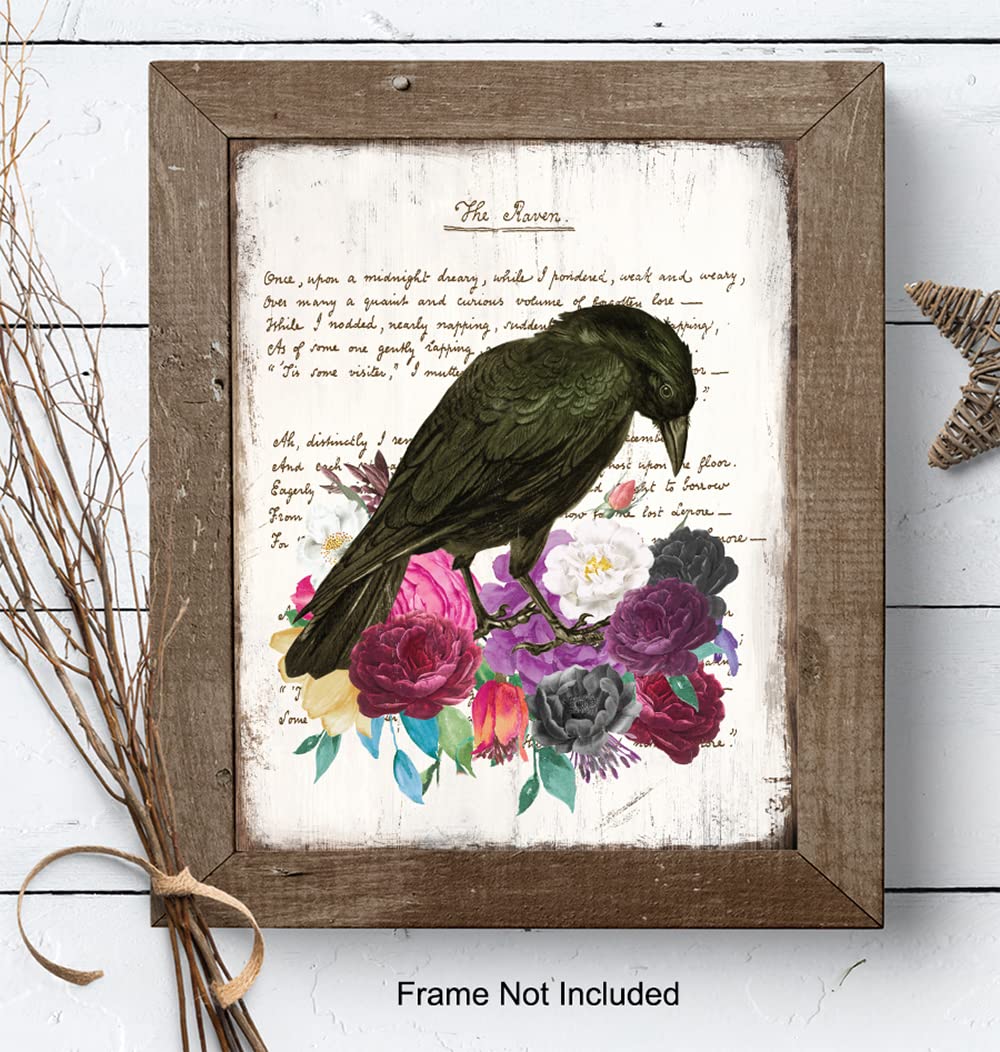 Edgar Allan Poe Gothic Wall Art 11×14 – The Raven Goth Room Decor for Women – Shabby chic Bedroom, Living Room Decor – Wicca, Witch, Occult, Crow,