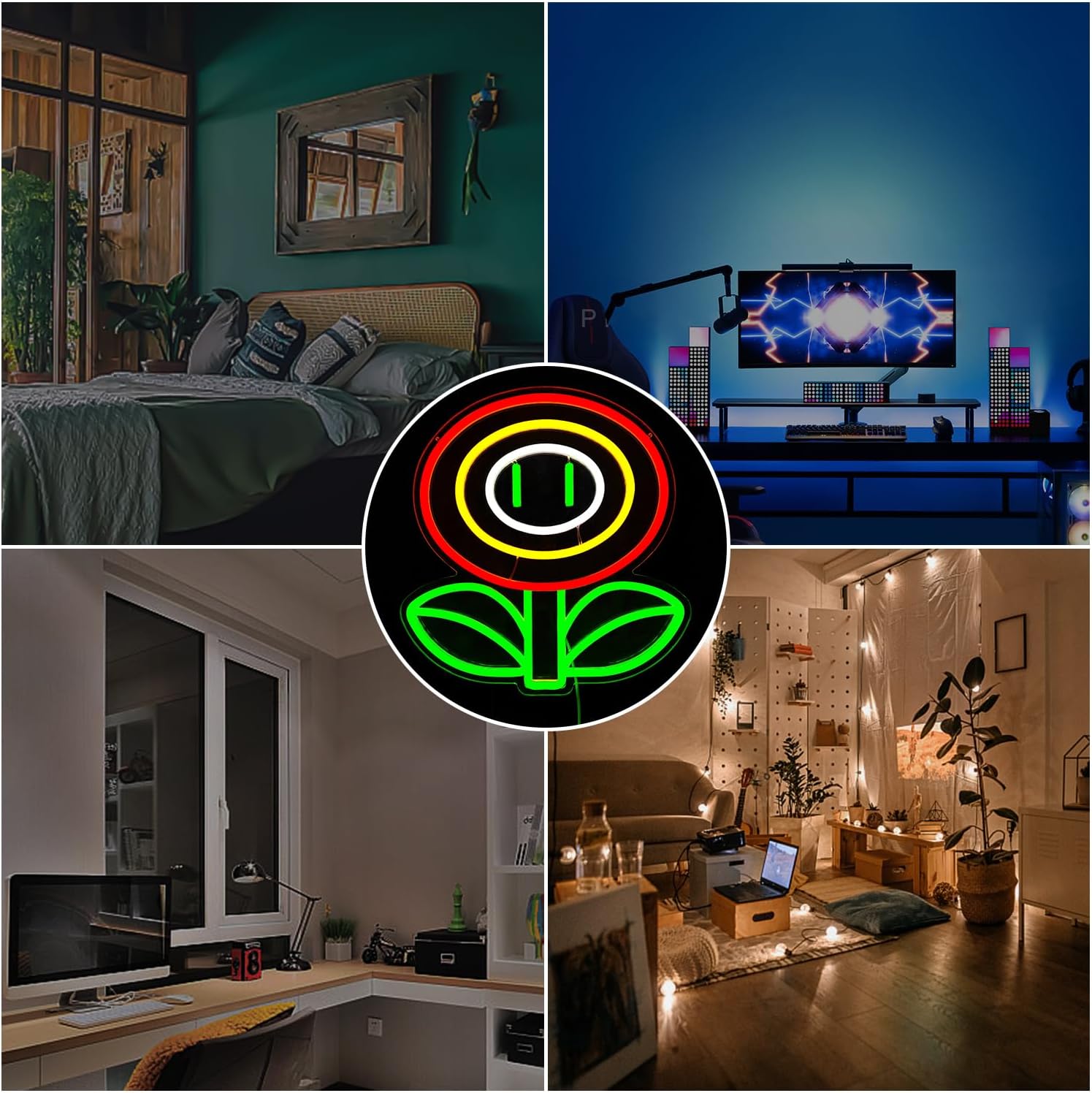 Letrero de neón de flores de fuego, luz de neón para juegos, sala de juegos, dormitorio de niños, cueva del juego, letreros de neón para decoración