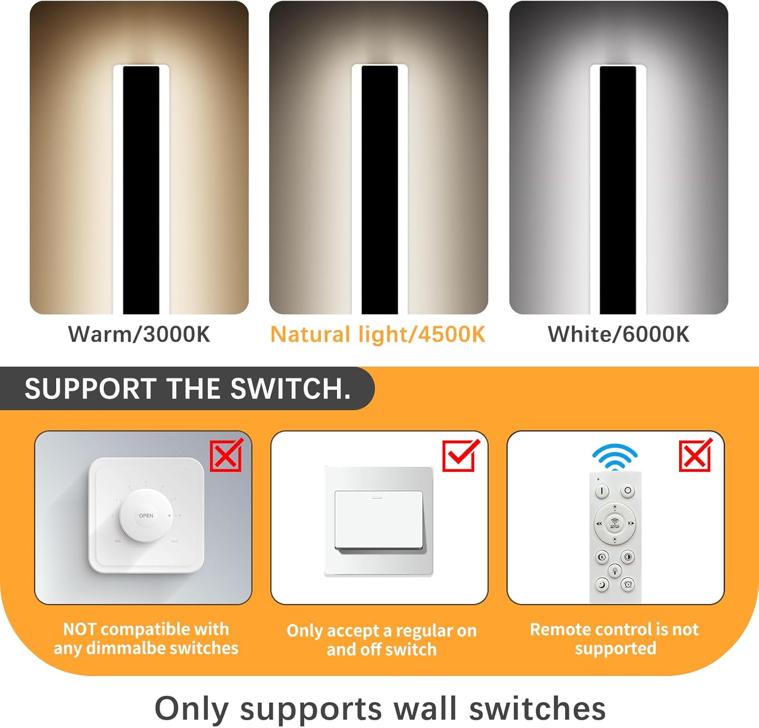 Daoseolo Moderno aplique de pared LED de 47 pulgadas, aplique de pared impermeable IP65 con 3 modos de iluminación (3000 K4500 K6000 K), aplique de