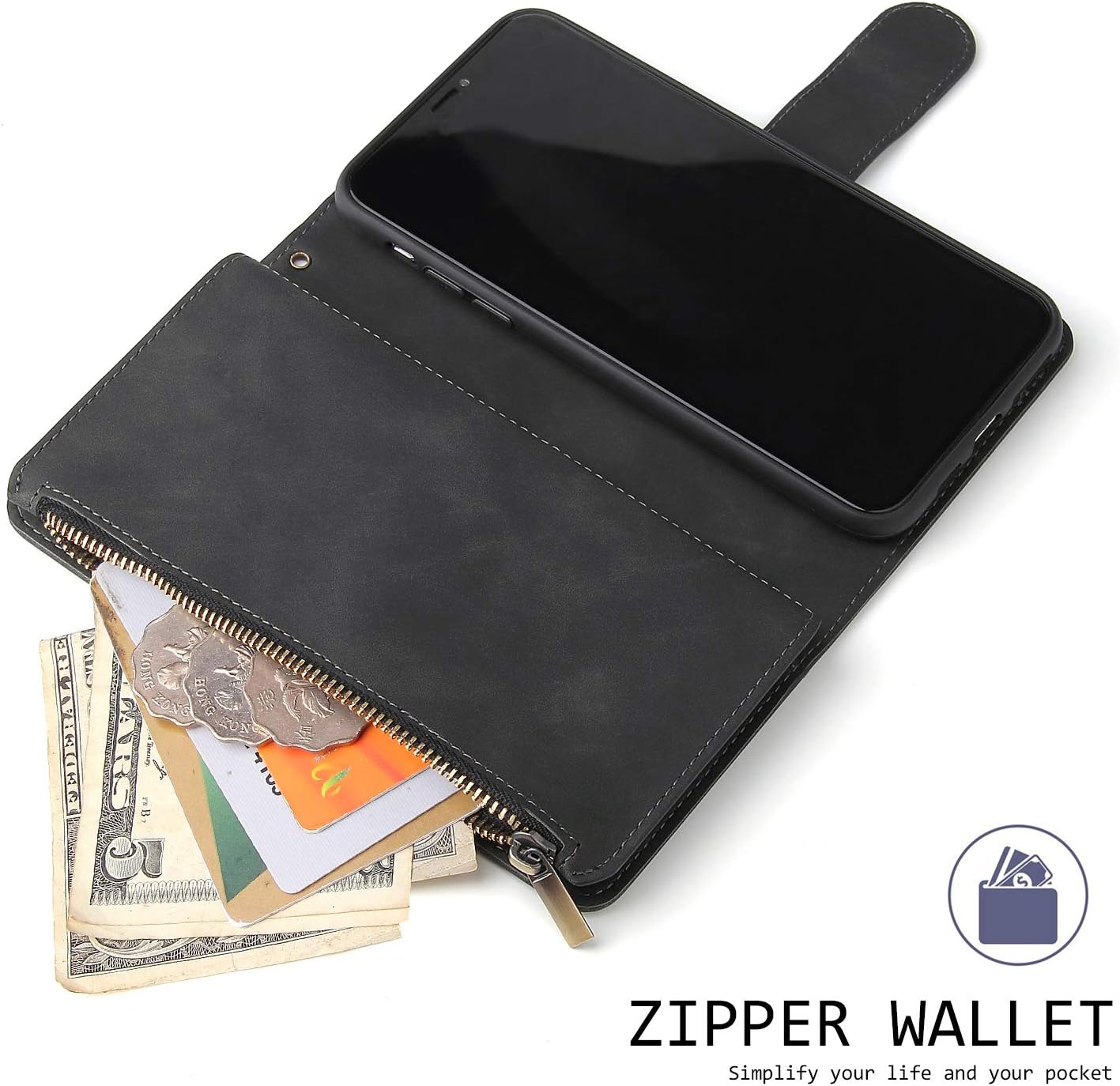 UEEBAI Wallet Case for iPhone 11 6.1 inch, Premium Vintage PU Leather Magnetic Closure Handbag Zipper Pocket Case Kickstand Card Slots with Wrist