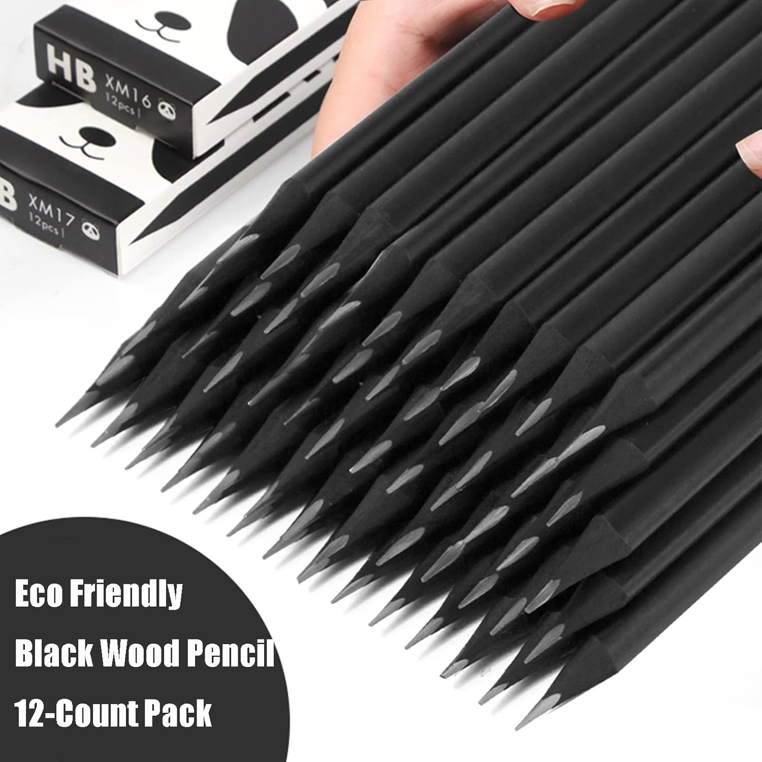 Panda 2B – Lápices escolares de grafito con carcasa de madera negra, paquete de 12, preafilados con borradores sin látex, suministros de oficina
