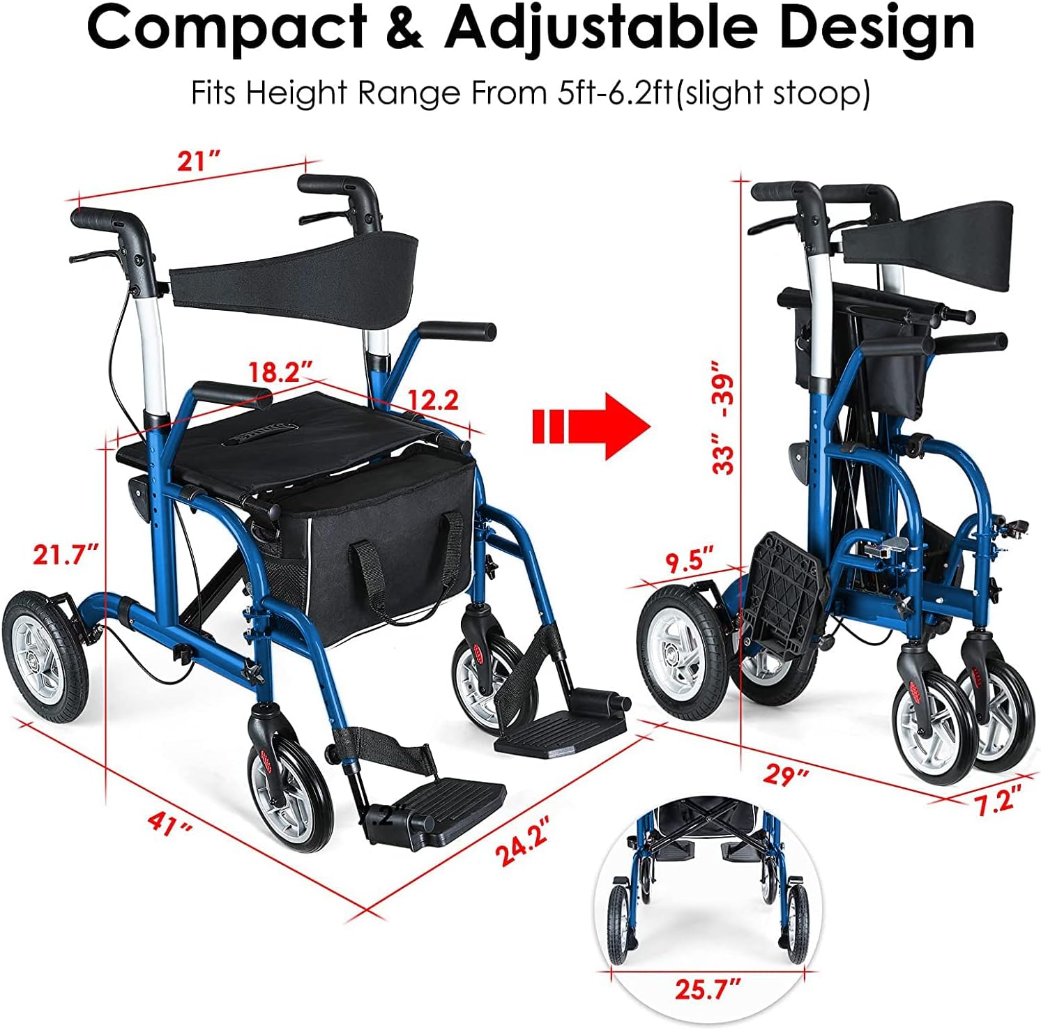 Andador con ruedas 2 en 1 para personas mayores, andador médico con asiento, rodillo plegable para silla de ruedas de transporte con ruedas traseras