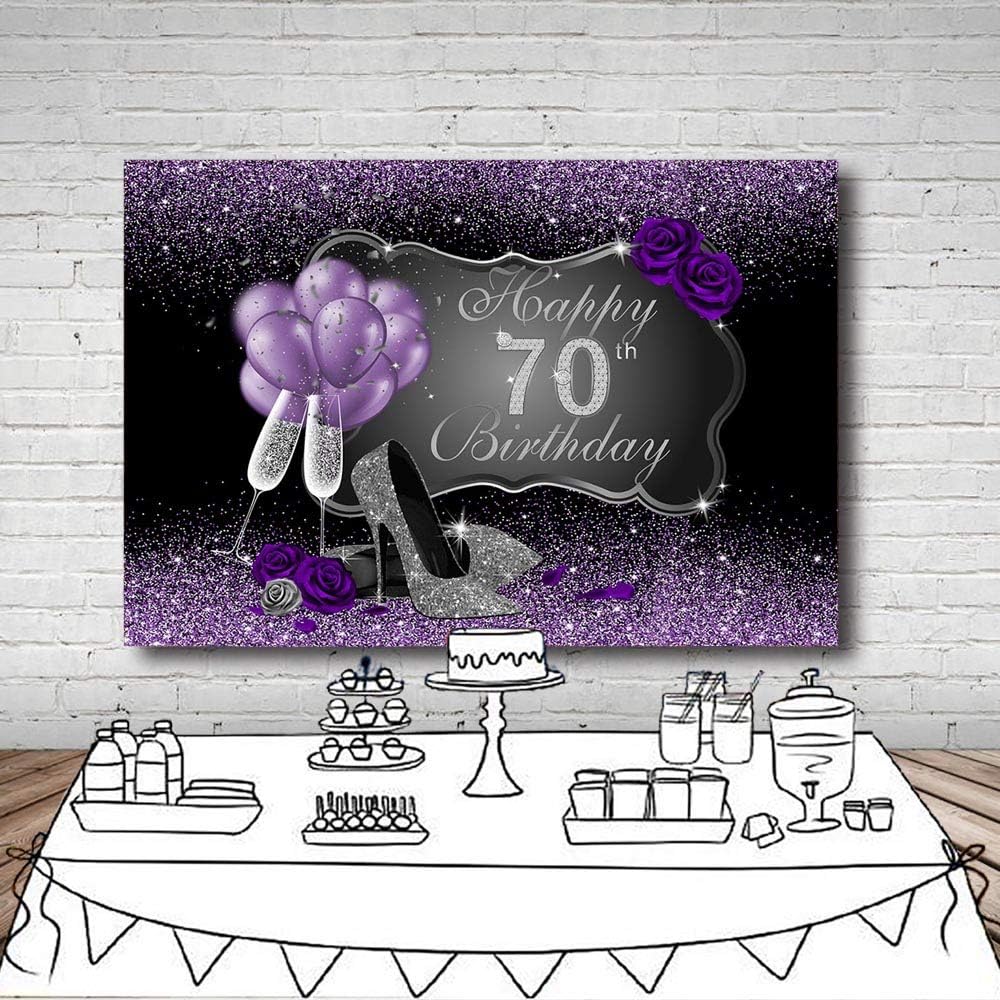 MEHOFOTO Fondo fotográfico negro y morado con tacones altos plateados, globos de rosa morada para fiesta de cumpleaños número 70, telón de fondo