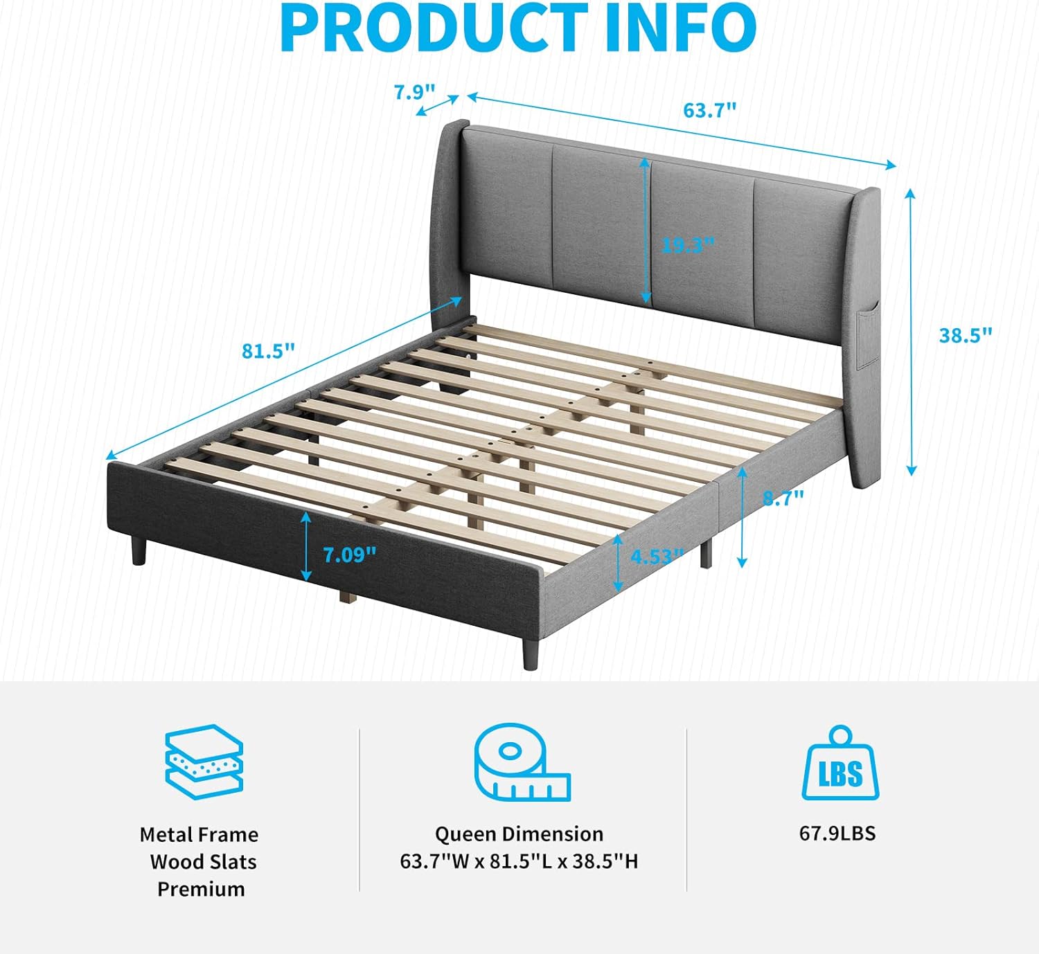 Mjkone Base de cama con cabecera de ala, marco de cama Queen y bolsillos laterales de almacenamiento, base de colchón resistente con listones de
