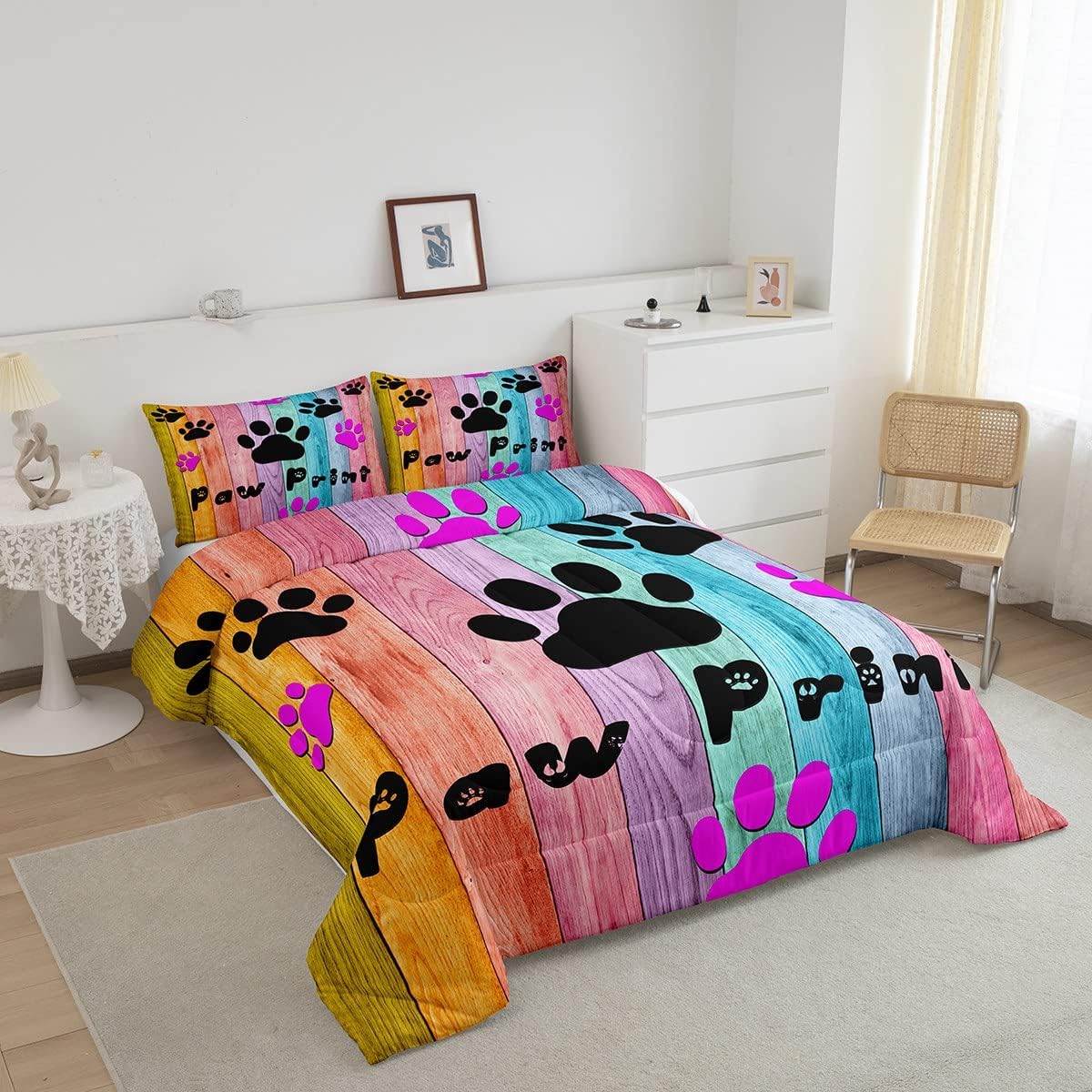 Erosebridal Juego de ropa de cama con estampado de patas, decoración colorida de patas de perro, diseño de pared de madera rústica, edredón tamaño