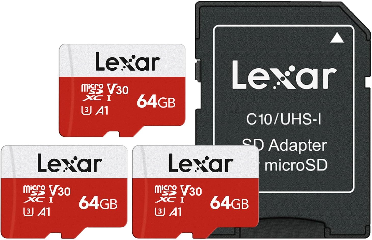 Lexar E-Series – Tarjeta micro SD de 64 GB, tarjeta de memoria flash microSDXC UHS-I con adaptador, 100 MBs, C10, U3, A1, V30, Full HD, 4K UHD,