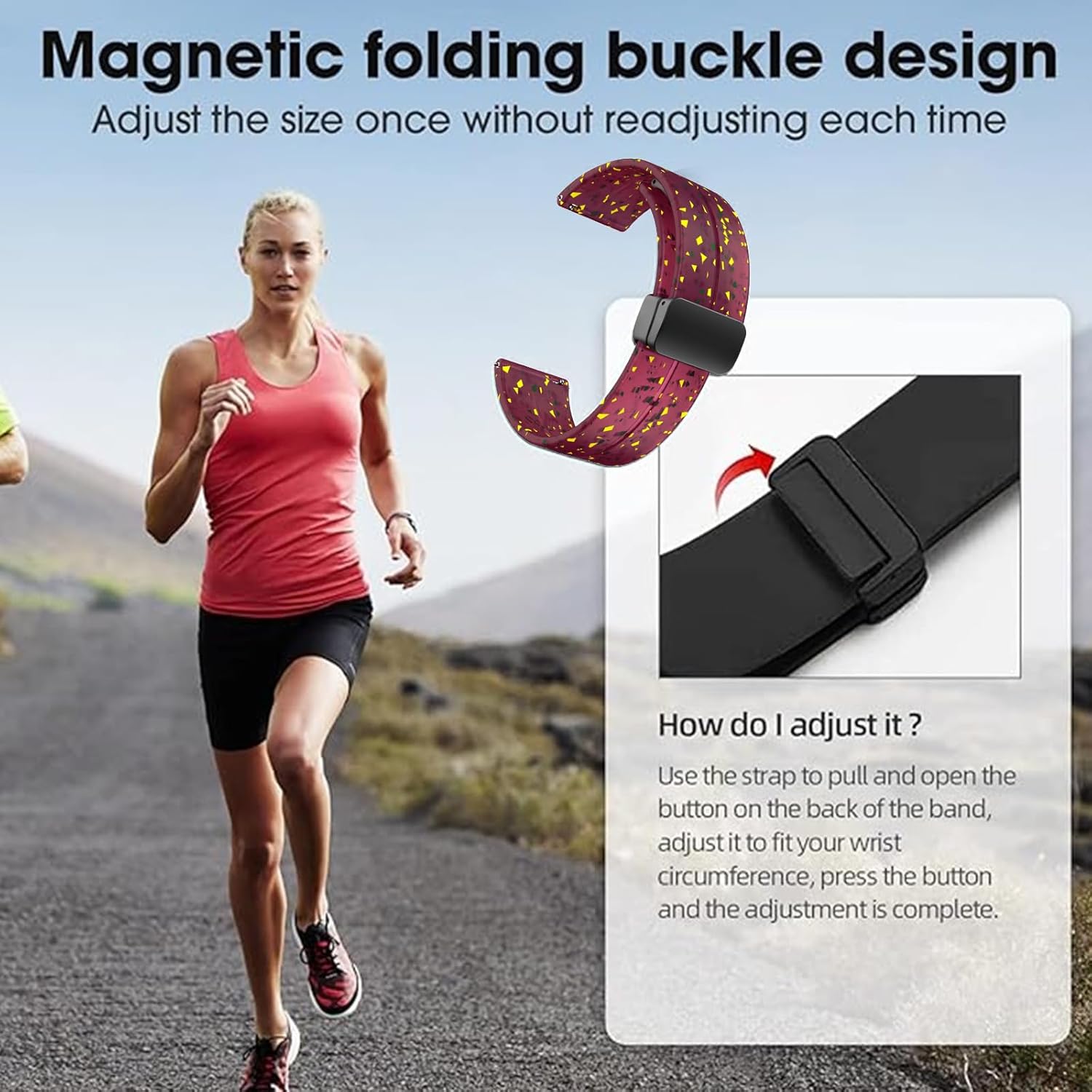 Correas de silicona universales de 0.748 in, 0.787 in y 0.866 in, correas de reloj deportivo de liberación rápida con hebilla plegable magnética