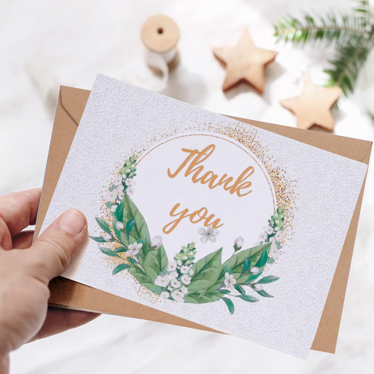 Tarjetas de agradecimiento con sobres de papel kraft y calcomanías a juego, 100 tarjetas de agradecimiento de plantas verdes, tarjetas de