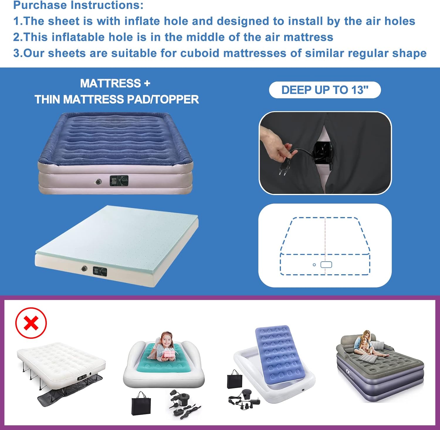 Bedecor Sábanas bajeras para colchón de aire clásico para cama de aire, colchón inflable para invitados, hogar, campamento, viajes, infla sin