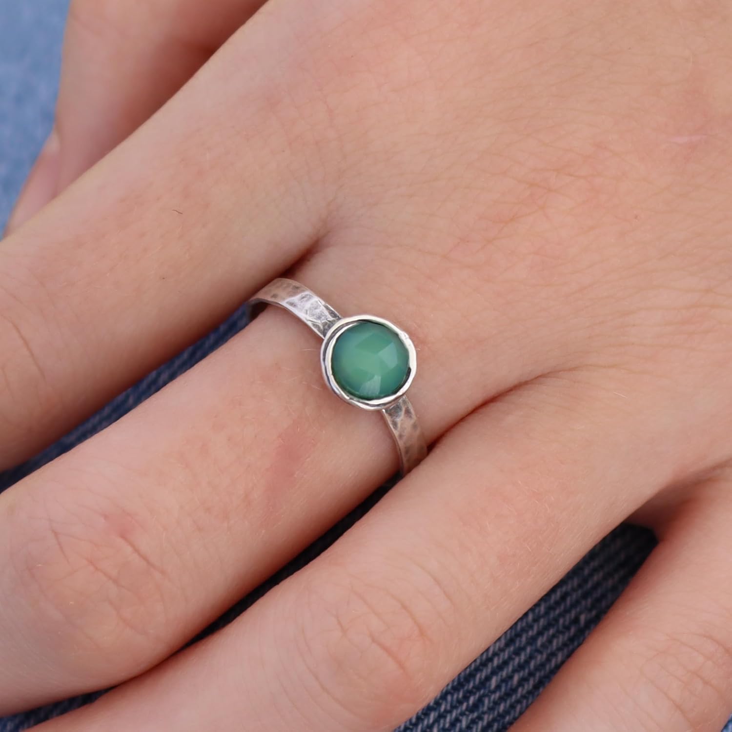 Jade ring, Sterling silver 925 gemstone ring band for women, Green stone ring, Hammered stone stacking ring, Birthstone ring (jade, 9)