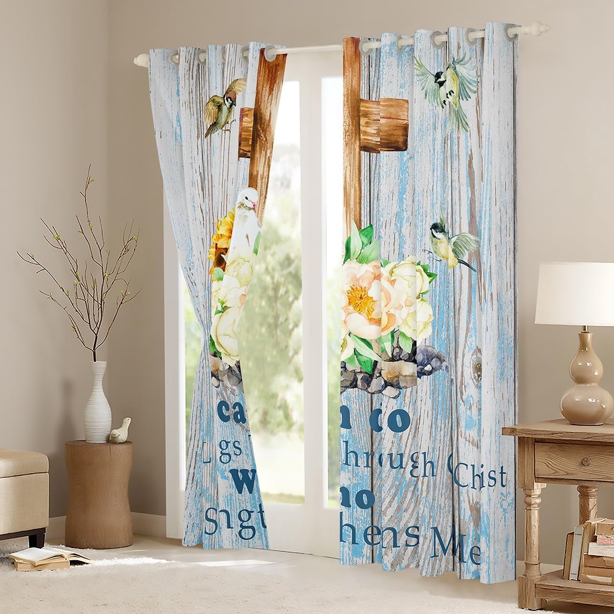 Cortinas de Acción de Gracias con tema cruzado para cristianos devotos, niños con espíritu puro, flores blancas opacas para adultos santos, paloma
