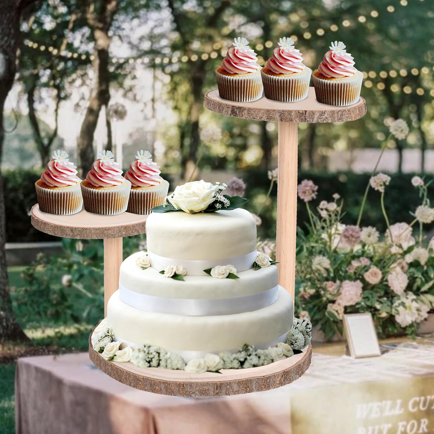 Soporte de torre de 3 niveles para cupcakes, rústico, redondo, de madera, para postres y pasteles, para boda, cumpleaños, graduación, fiesta de té