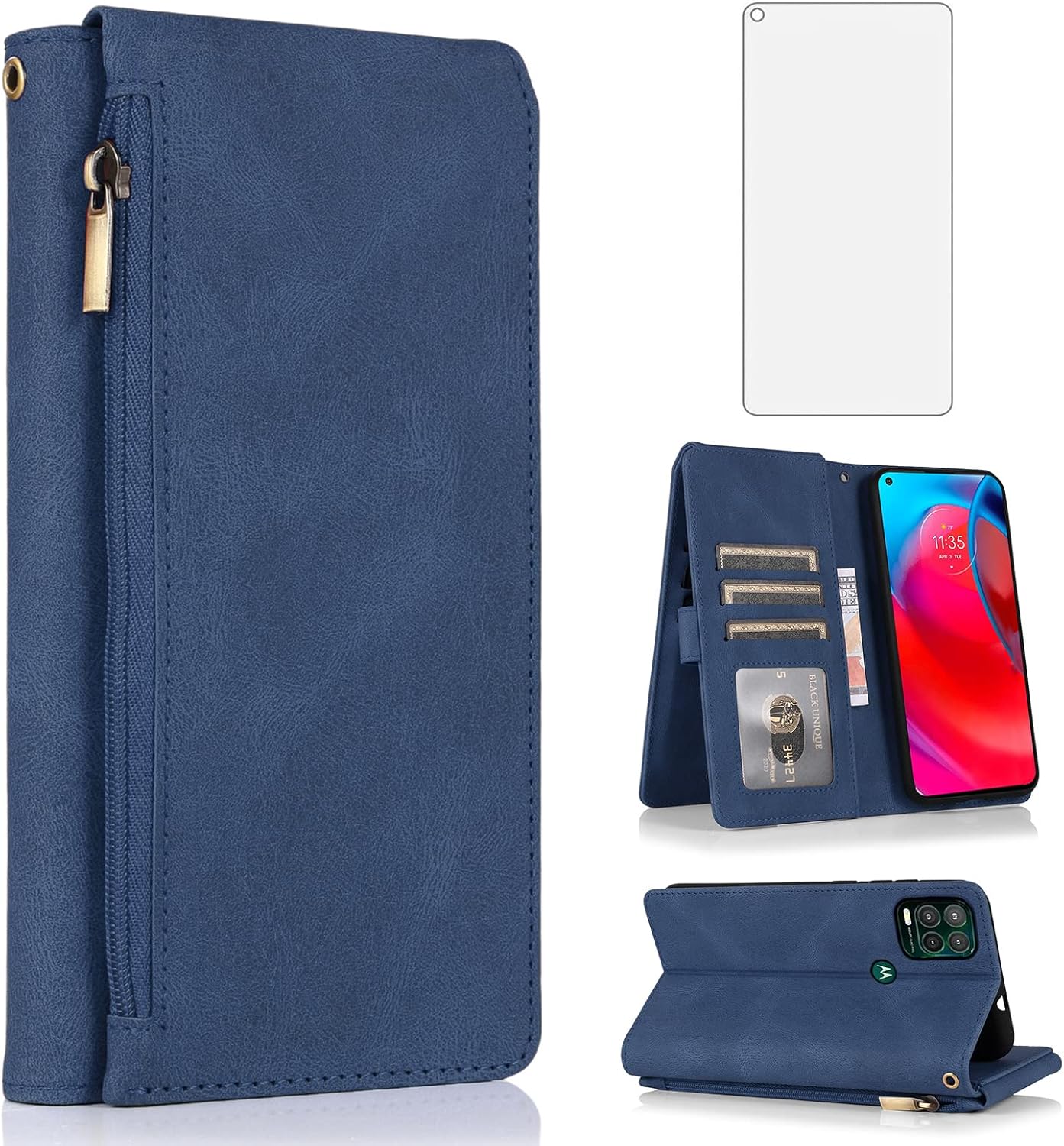 Funda compatible con Moto G Stylus 5G 2021, protector de pantalla de vidrio templado, cierre de cremallera, funda de piel retro, soporte para