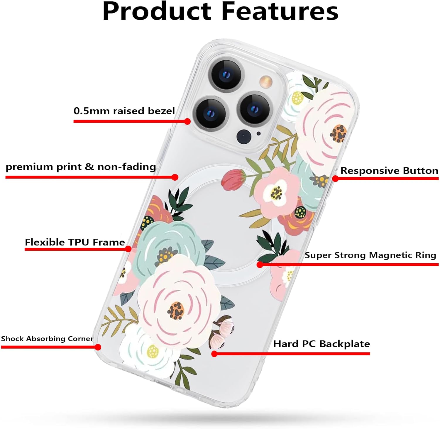 Funda magnética transparente con diseño de flores para iPhone 15 Pro compatible con MagSafe, patrón floral transparente a prueba de golpes, parte