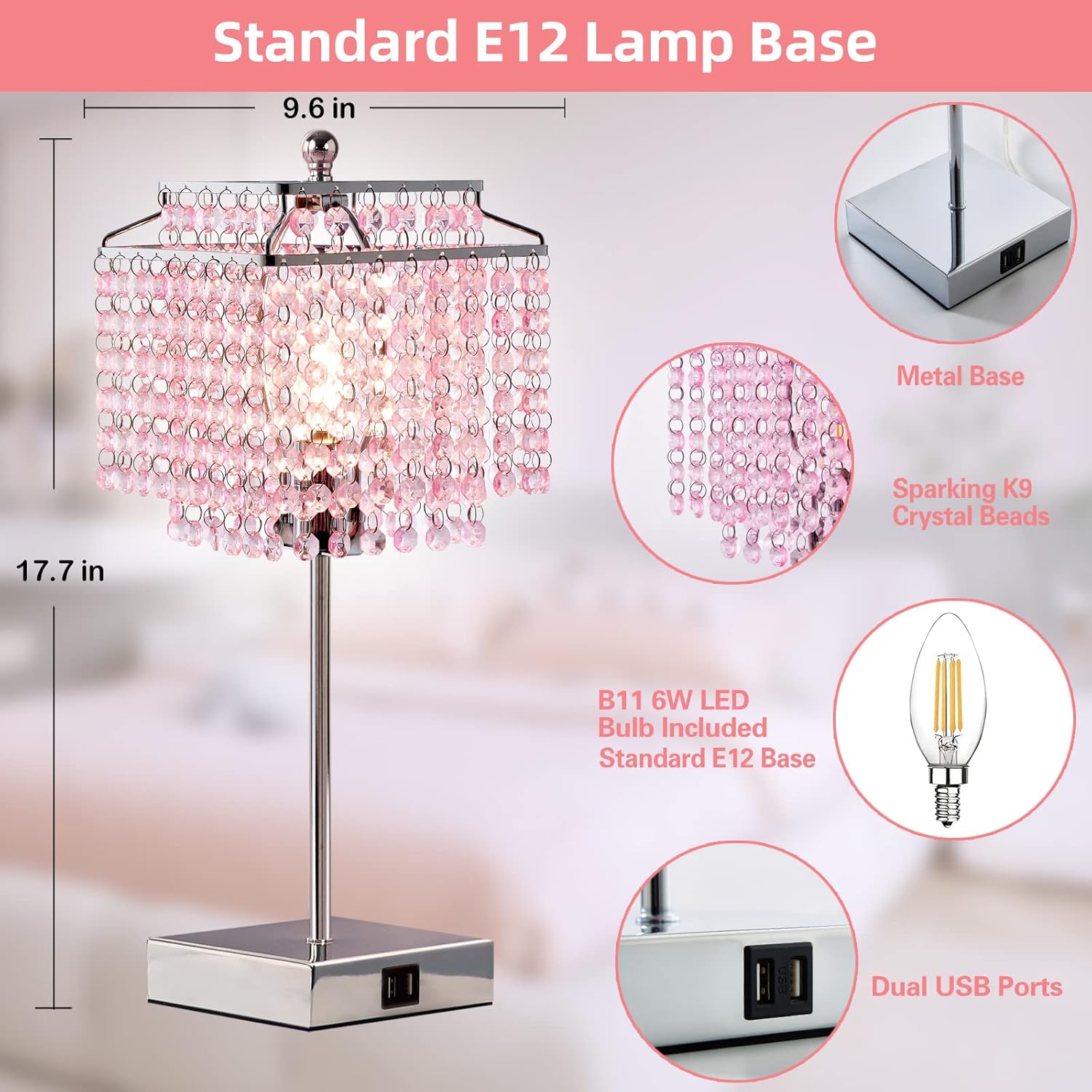 Luvkczc Lámpara de mesa de cristal rosa con control táctil, lámpara regulable de 3 vías con pantalla de cristal para dormitorio de niña, sala de