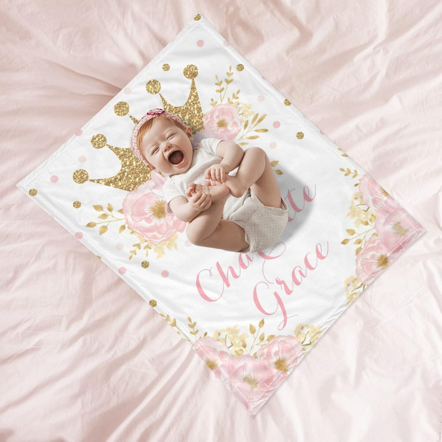 Mantas de bebé personalizadas para niñas con nombre, regalos de bebé personalizados para niñas, manta rosa suave para niña, corona floral rosa, 30 x