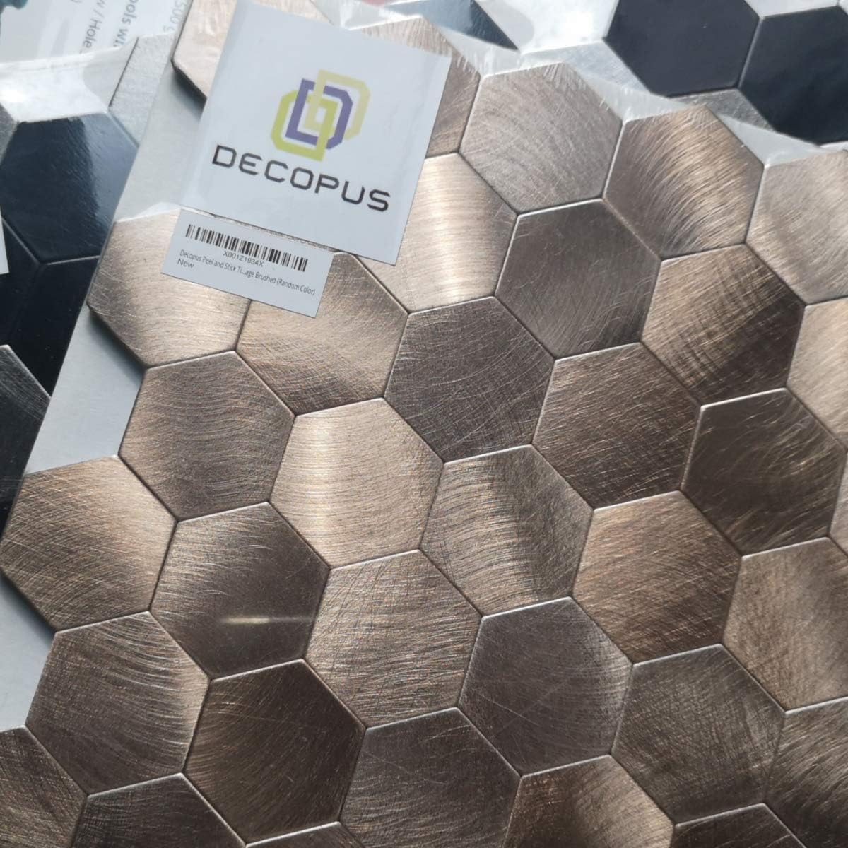 Decopus Protector contra salpicaduras de azulejos con aspecto antiguo, (5 unidades de bronce hexagonal) de cobre para despegar y pegar, modelado de