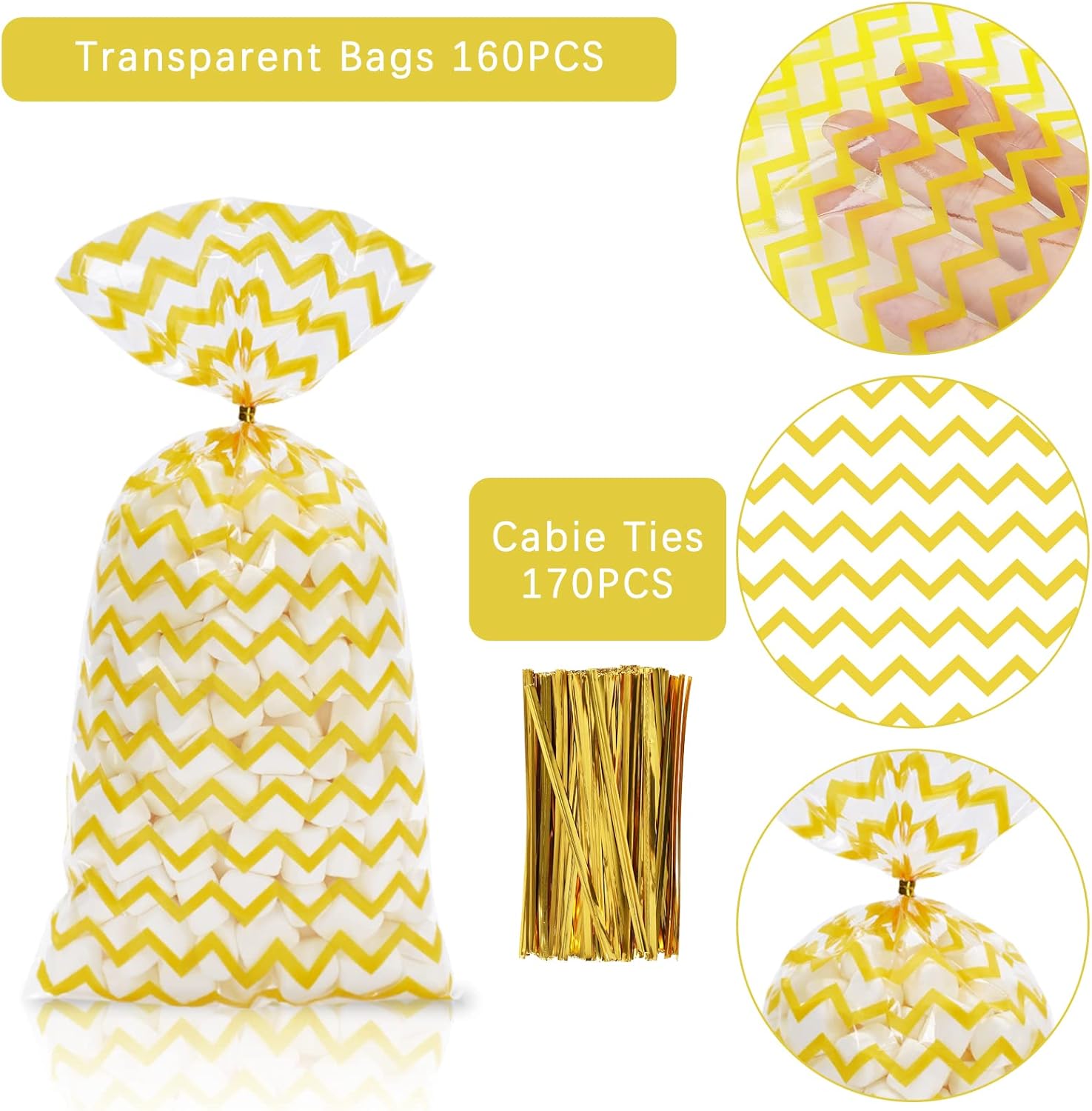 Whaline 160 bolsas de celofán para golosinas de celofán con rayas amarillas, bolsas de celofán, bolsas de plástico con lazos giratorios para