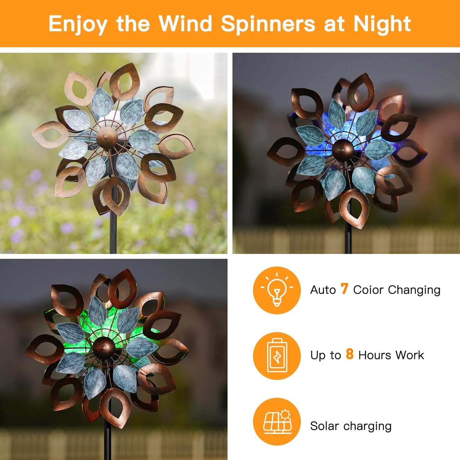 Molinillos solares de viento para exteriores, 74 pulgadas, esculturas de viento de metal cinético y molino de viento para decoración de jardín (LED