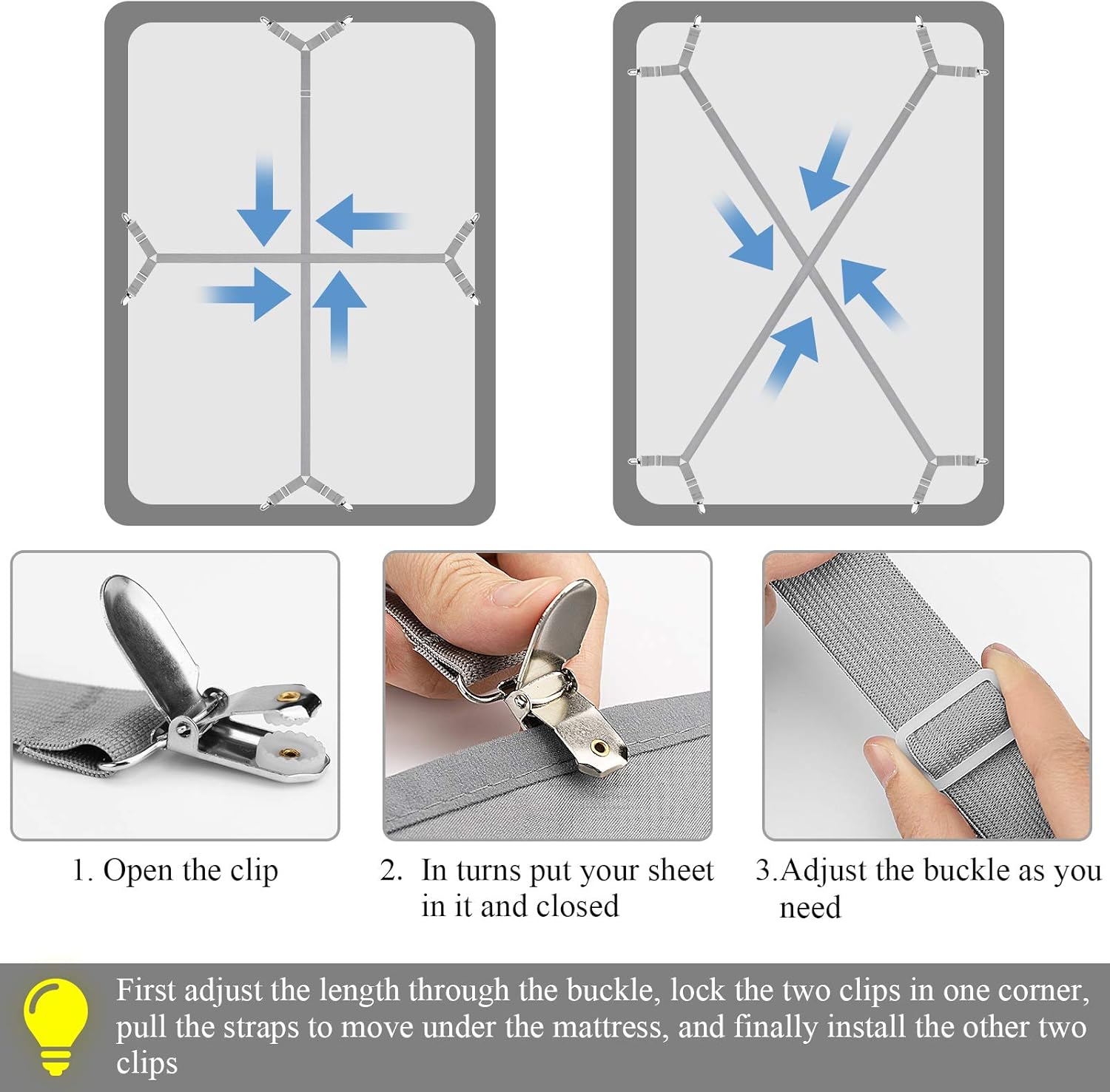 ACEDÉCOR Correas de sábanas, clips para sábana bajera debajo del colchón para mantener las sábanas en su lugar, correas de soporte de sábanas para