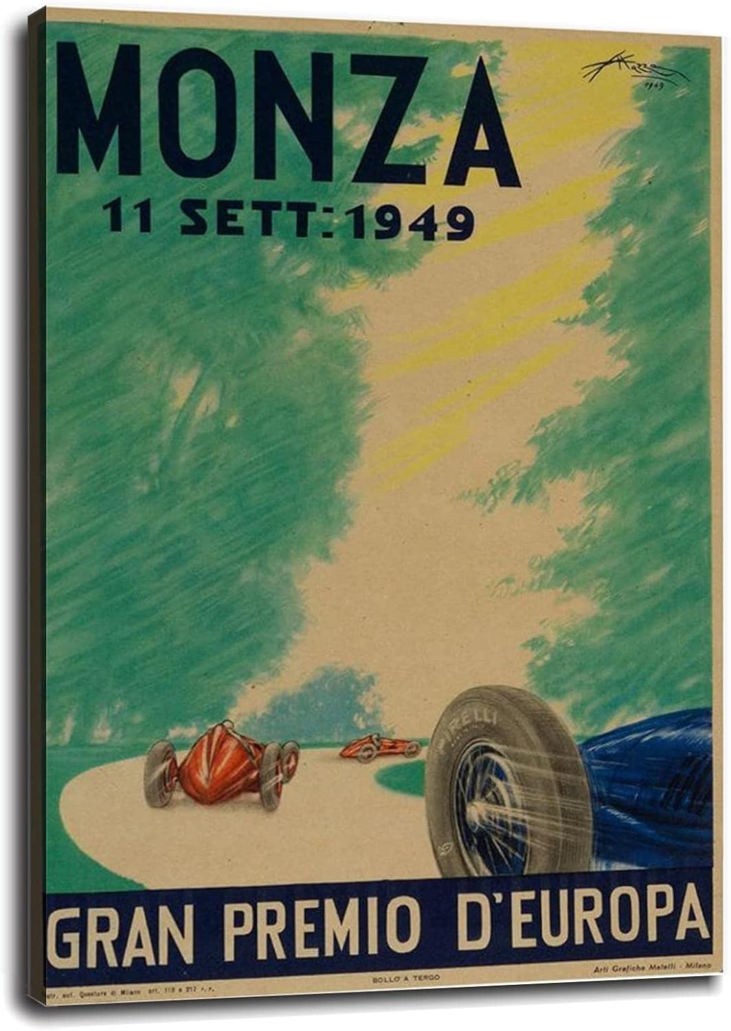 Póster en lienzo de carreras de estilo vintage de Monza 1949 para decoración de la oficina en el hogar, con marco, 12 x 8 pulgadas