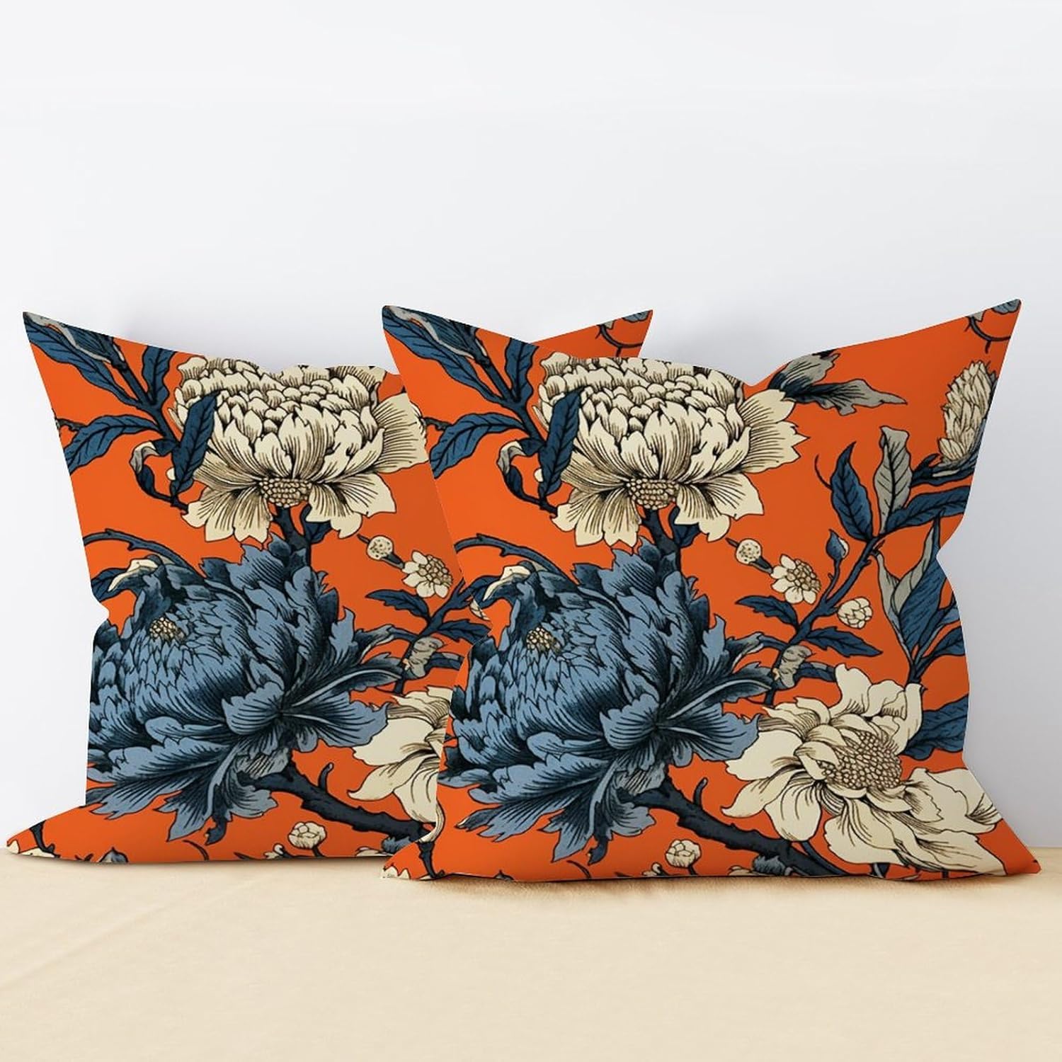 Chinoiserie – Juego de 2 fundas de almohada de flores de caqui, color azul marino, naranja, crema, floral, fundas de cojín inspiradas en Asia de 16