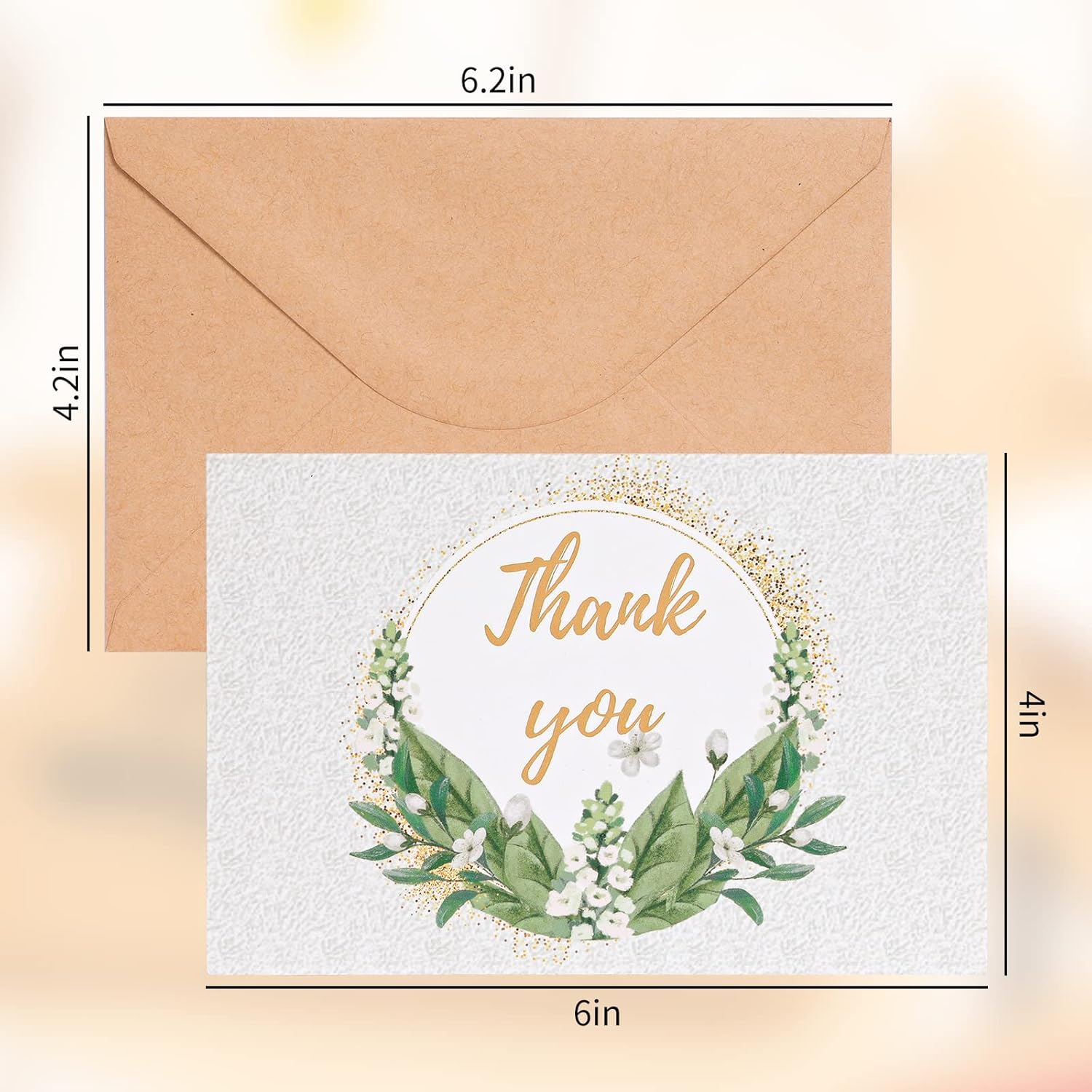 Tarjetas de agradecimiento con sobres de papel kraft y calcomanías a juego, 100 tarjetas de agradecimiento de plantas verdes, tarjetas de