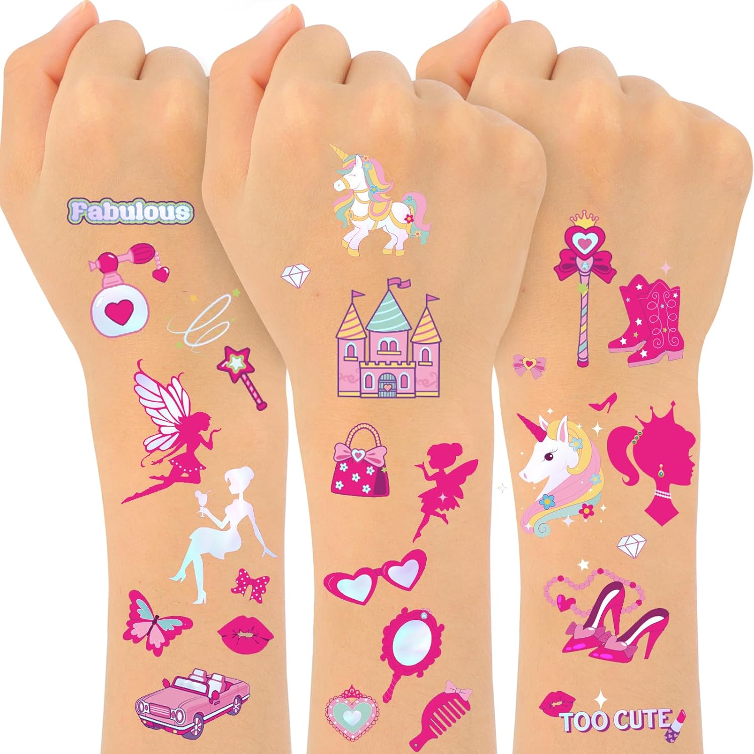 Konsait 96 tatuajes temporales de color rosa con purpurina para niños y niñas, tatuajes temporales para fiesta de cumpleaños, tatuajes impermeables
