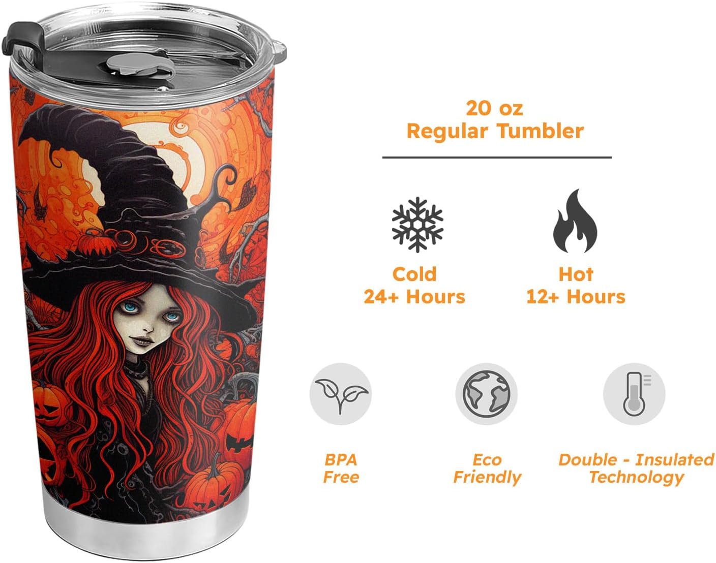 Vaso de Halloween de 20 onzas, vaso de bruja de Halloween, vaso de bruja de calabaza de Halloween, taza de viaje aislada con tapa, termo de café