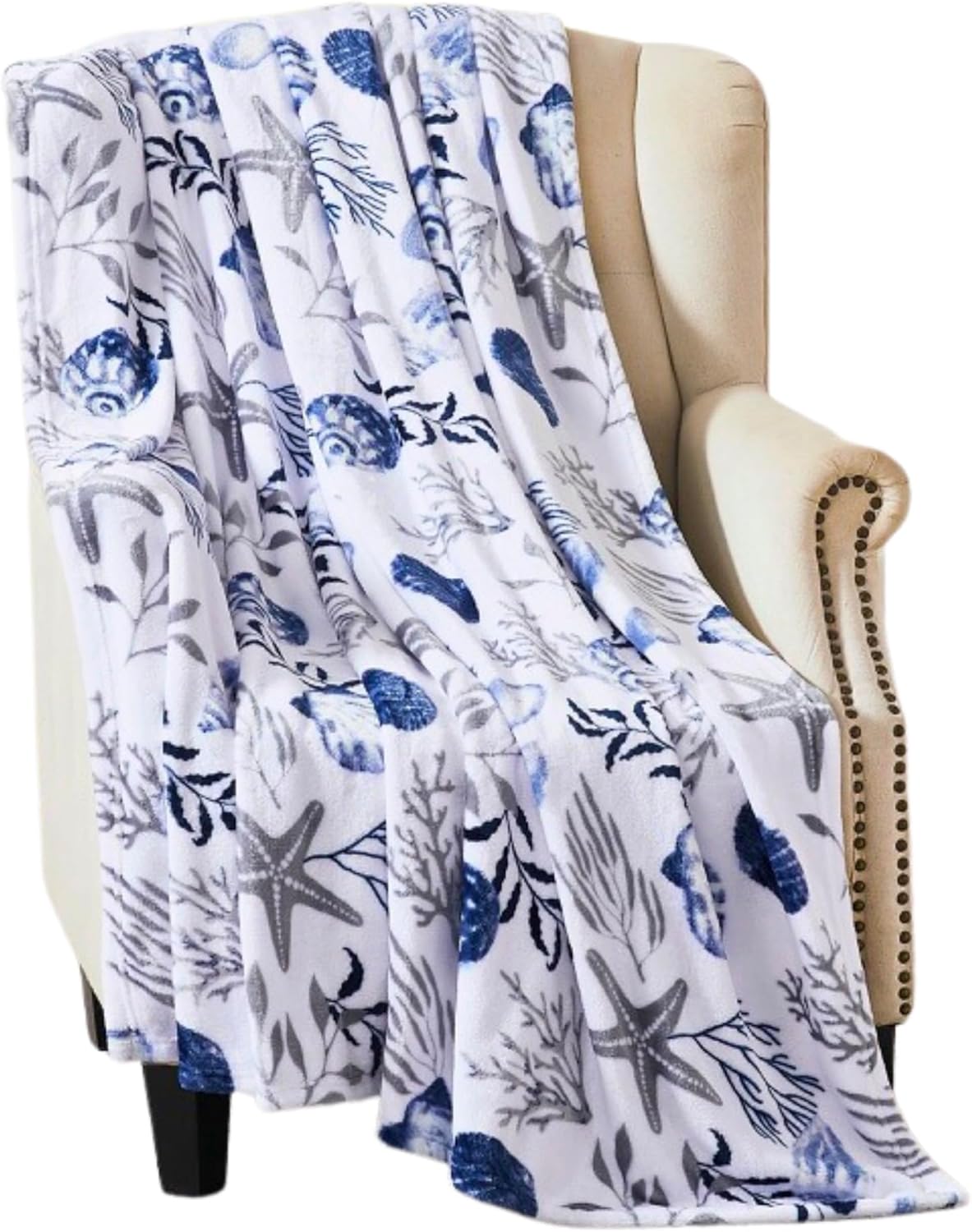 Manta decorativa para decoración del hogar, vida oceánica, costera forro polar de terciopelo de felpa suave, tonos calmantes de azules, grises sobre