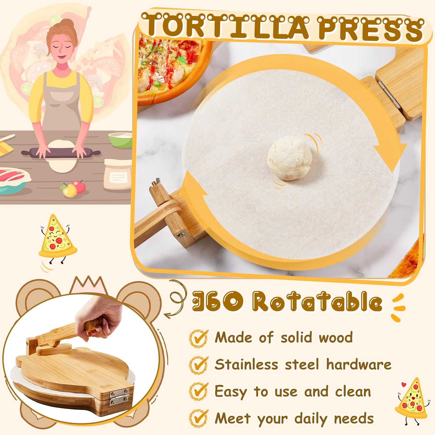 El juego de prensa de tortillera de madera incluye 1 prensa de tortillera mexicana giratoria de 10 pulgadas, 200 papel pergamino, 1 cortador de