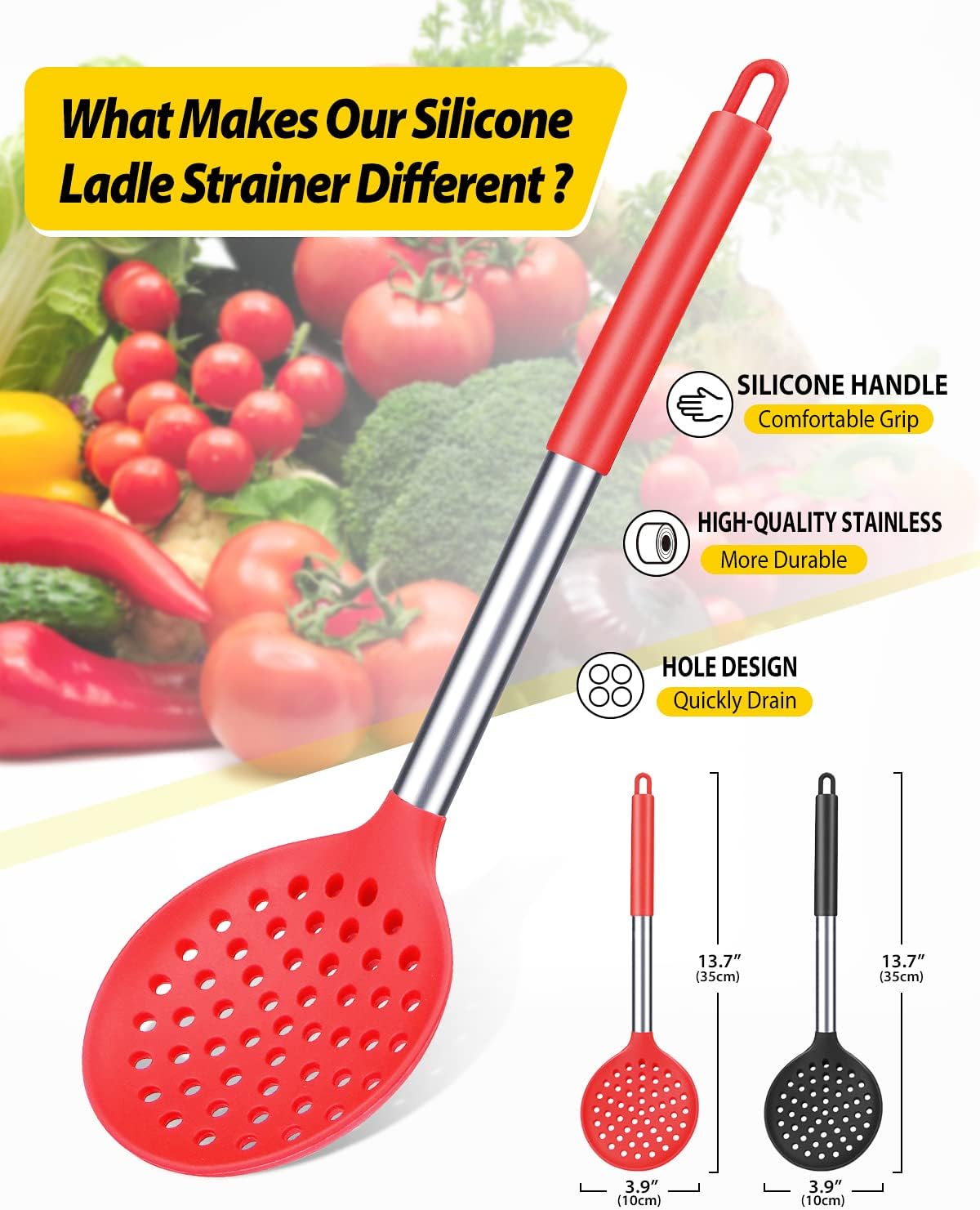 Kitchen Ladle Strainer Set of 2 Large Slotted Spoon with High Heat Resistant BPA Free Non Stick Cooking Skimmers For Draining & Frying (Black and