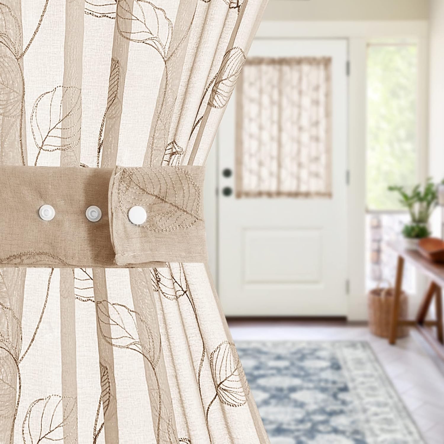 Topick Cortina transparente para puerta con diseño bordado de hojas para puerta de vidrio, panel de puerta francesa, bolsillo para barra, 1 panel de