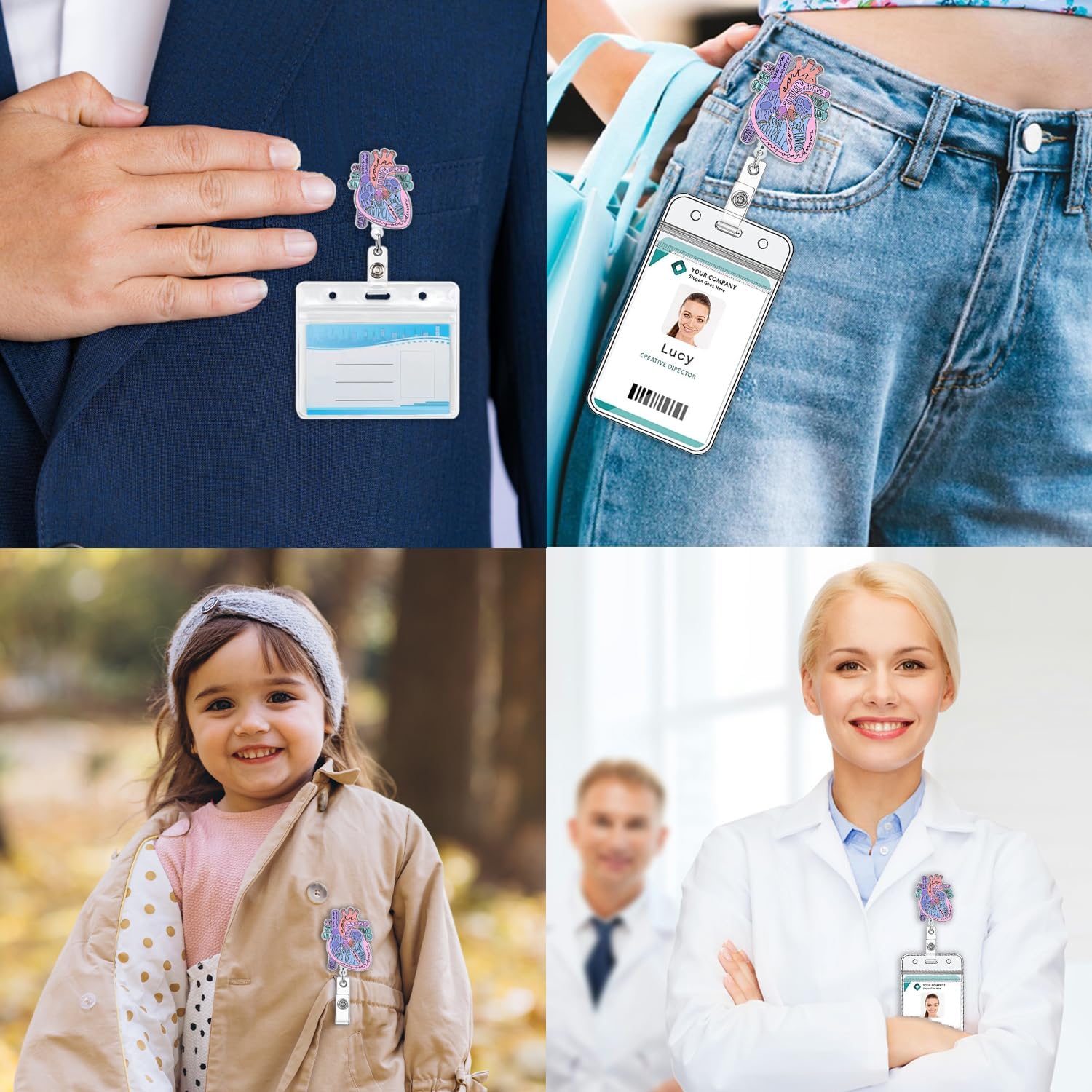 2 carretes de insignia cardíaca retráctiles para enfermeras, lindo soporte para tarjetas de identificación con clip de cocodrilo para estudiantes,