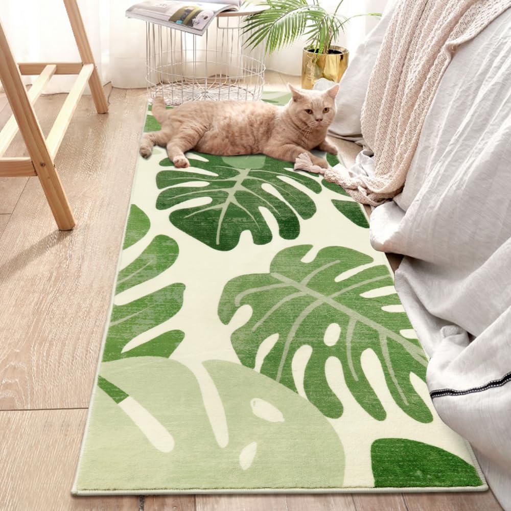 Lukinbox Alfombra de pasillo de hojas de 2 x 6 pies, color verde, lavable, extra larga, tropical, planta Monstera, antideslizante, alfombra
