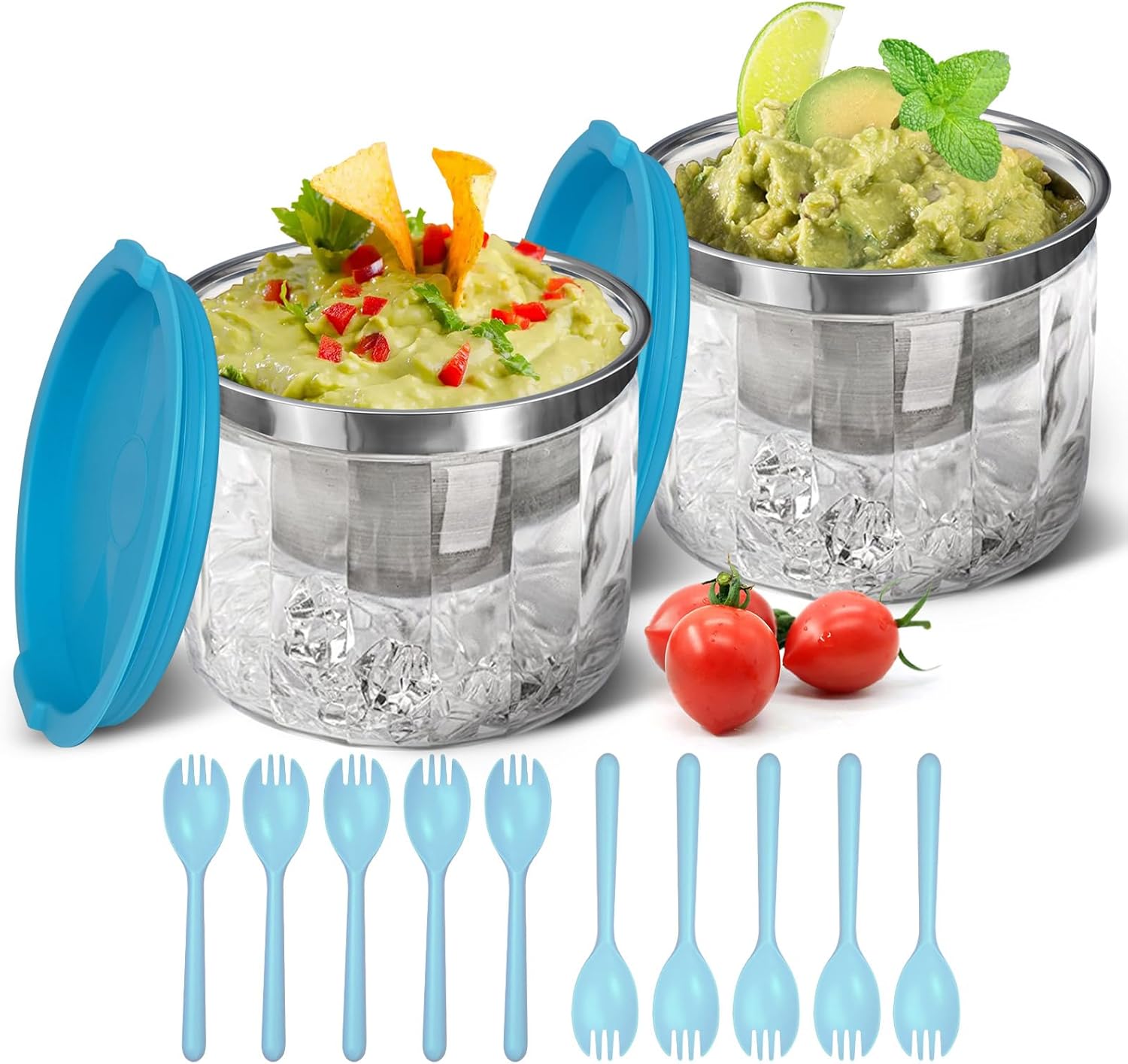 Cuencos de hielo para servir alimentos fríos, paquete de 2, platos enfriadores de inmersión de 25 onzas para salsas, salsa, guacamole, ensalada,